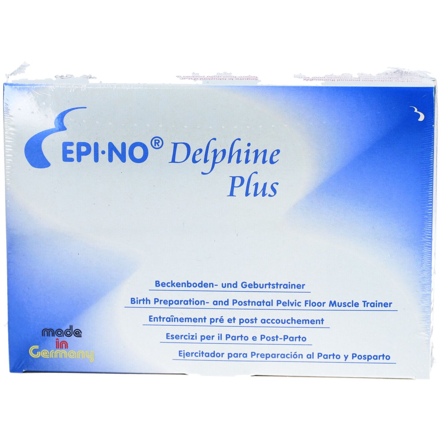 Verpakking van EPI-NO® Delphine Plus. Tekst: Bekkenbodem- en Geboortetrainer, Birth Preparation- and Postnatal Pelvic Floor Muscle Trainer.