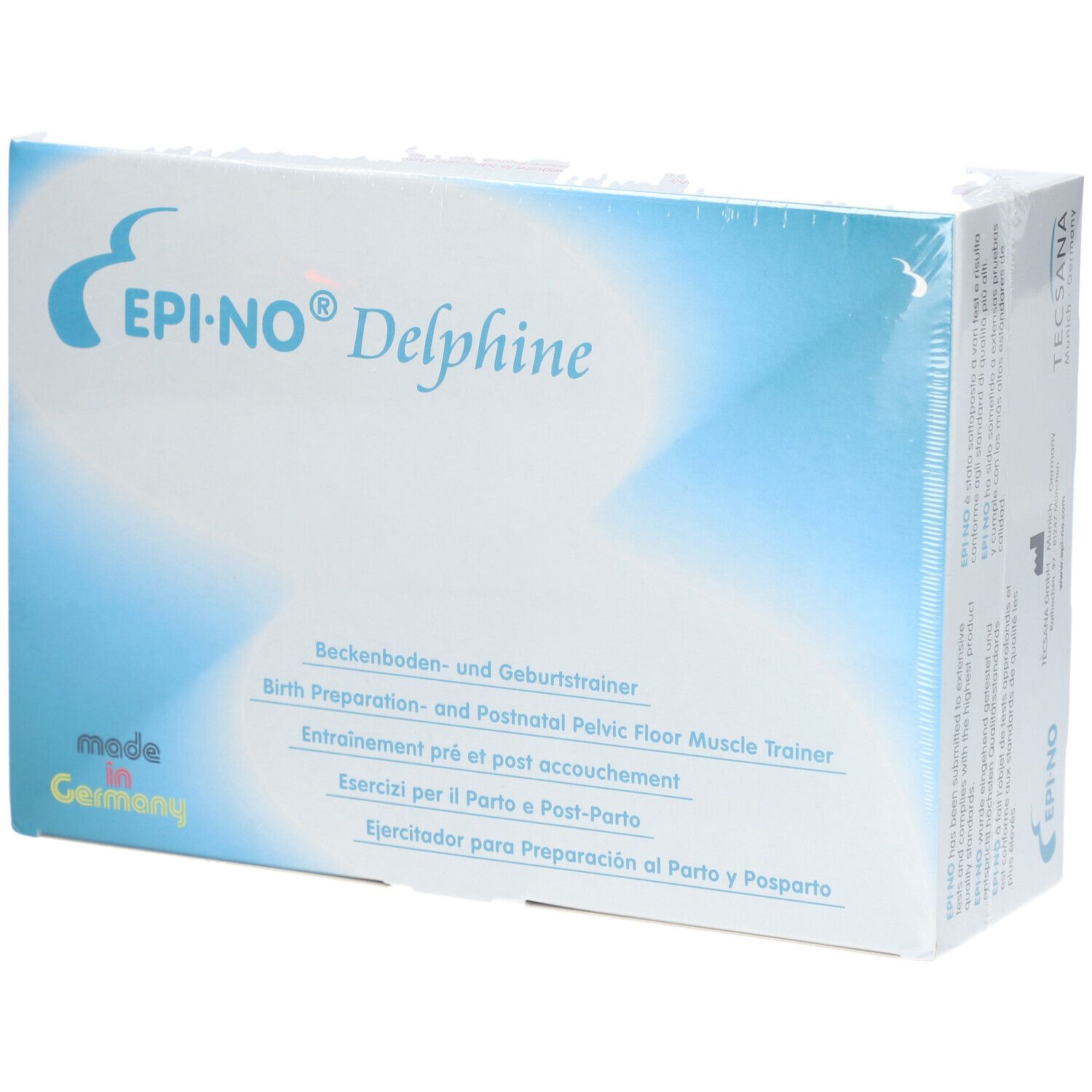 Emballage EPI-NO® Delphine. Inscription: Entraînement pré et post accouchement. Fabriqué en Allemagne.