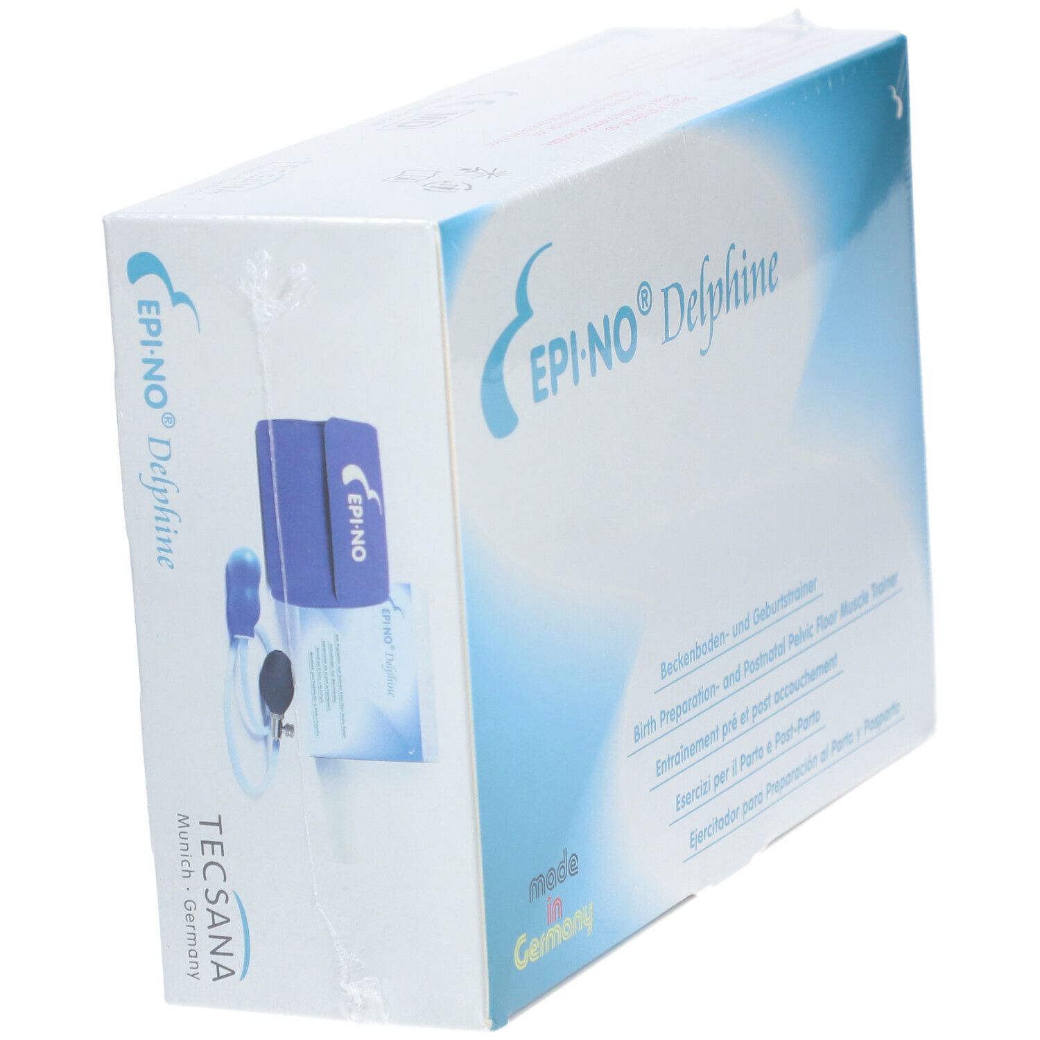 Emballage EPI-NO® Delphine. Produit et accessoires visibles. Inscription: Entraînement pré et post accouchement.