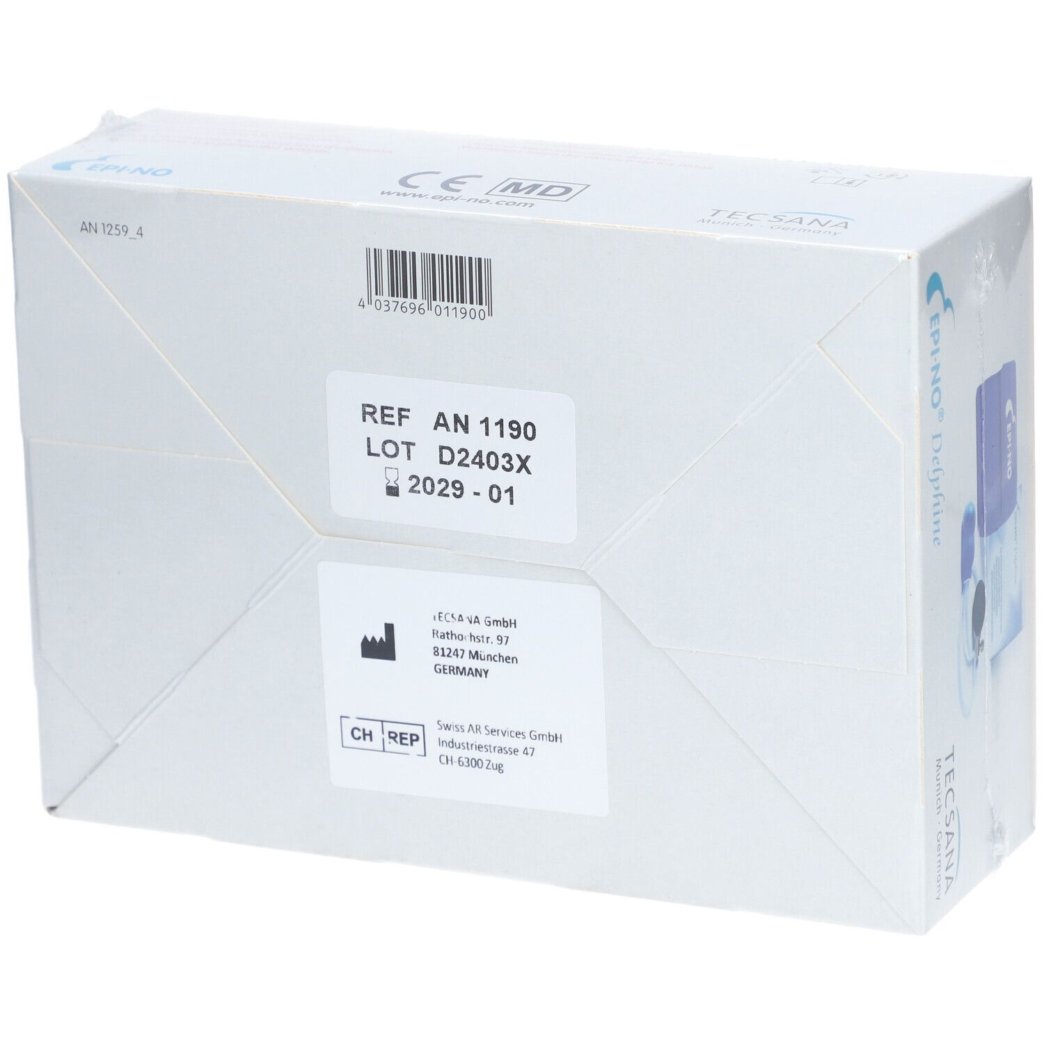 Emballage EPI-NO® Delphine. Dos avec informations produit. Inscription: REF AN 1190, LOT D2403X, 2029-01.