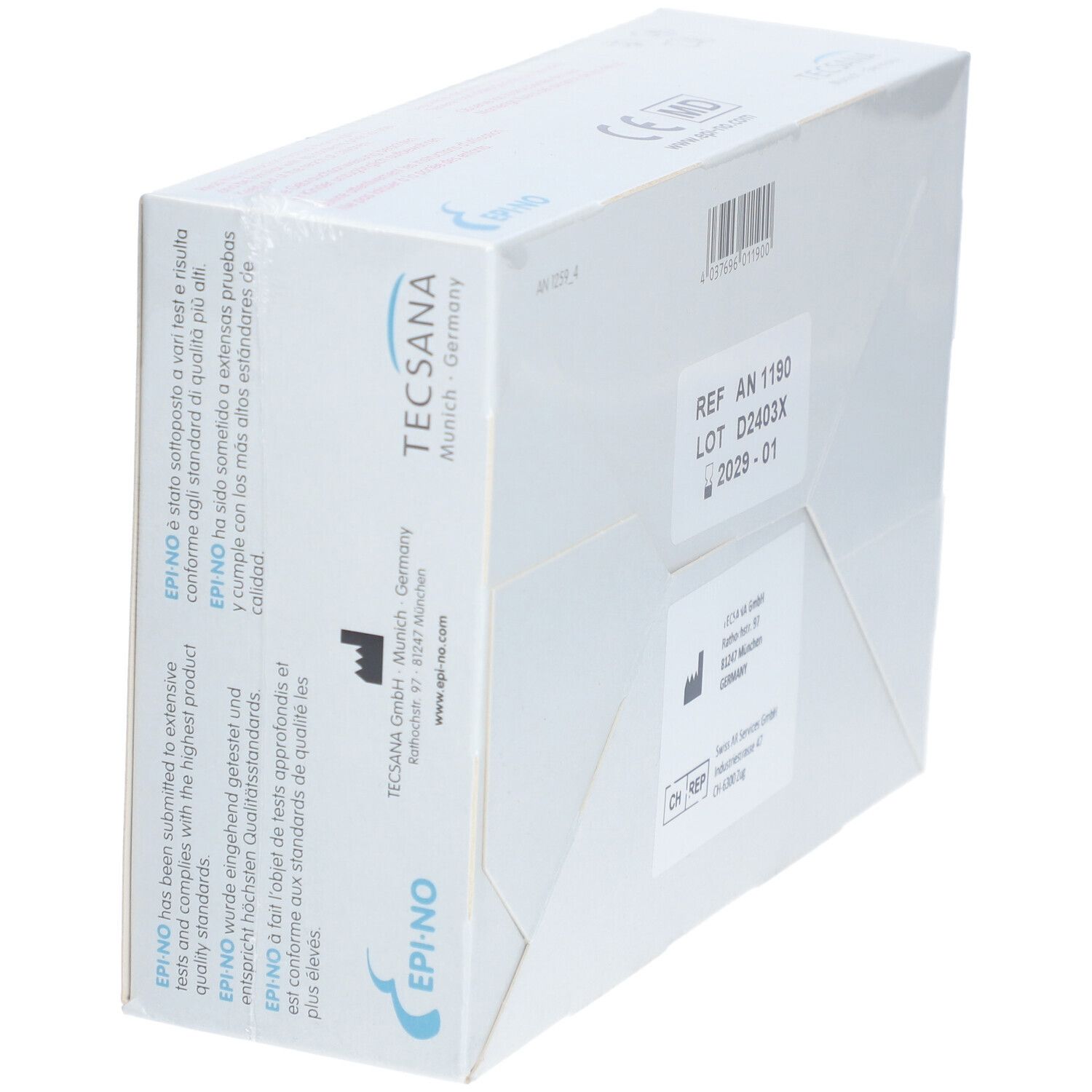 Emballage EPI-NO® Delphine. Dos avec informations produit. Inscription: REF AN 1190, LOT D2403X, 2029-01.