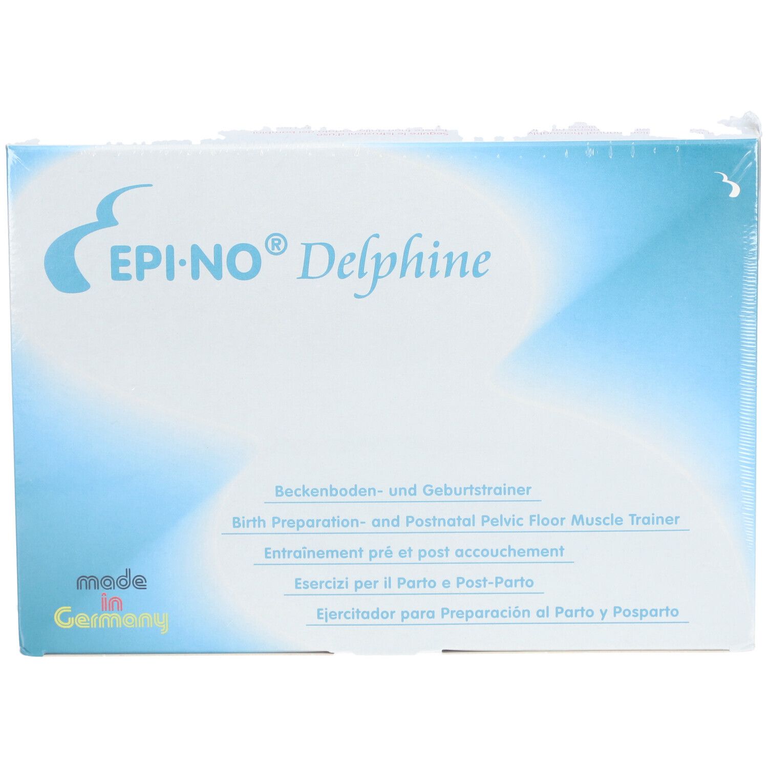 Emballage EPI-NO® Delphine. Inscription: Entraînement pré et post accouchement. Fabriqué en Allemagne.