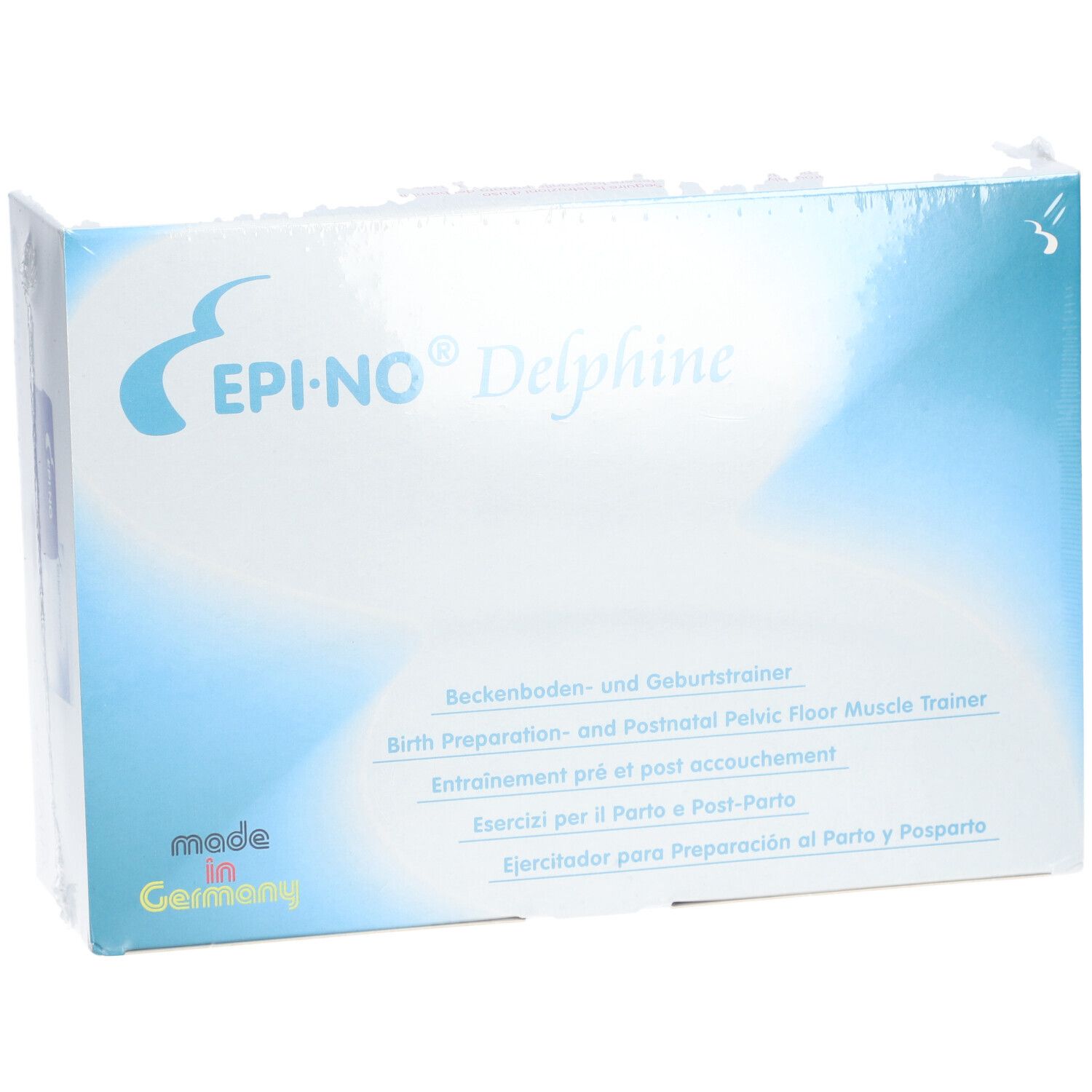 Emballage EPI-NO® Delphine. Inscription: Entraînement pré et post accouchement. Fabriqué en Allemagne.