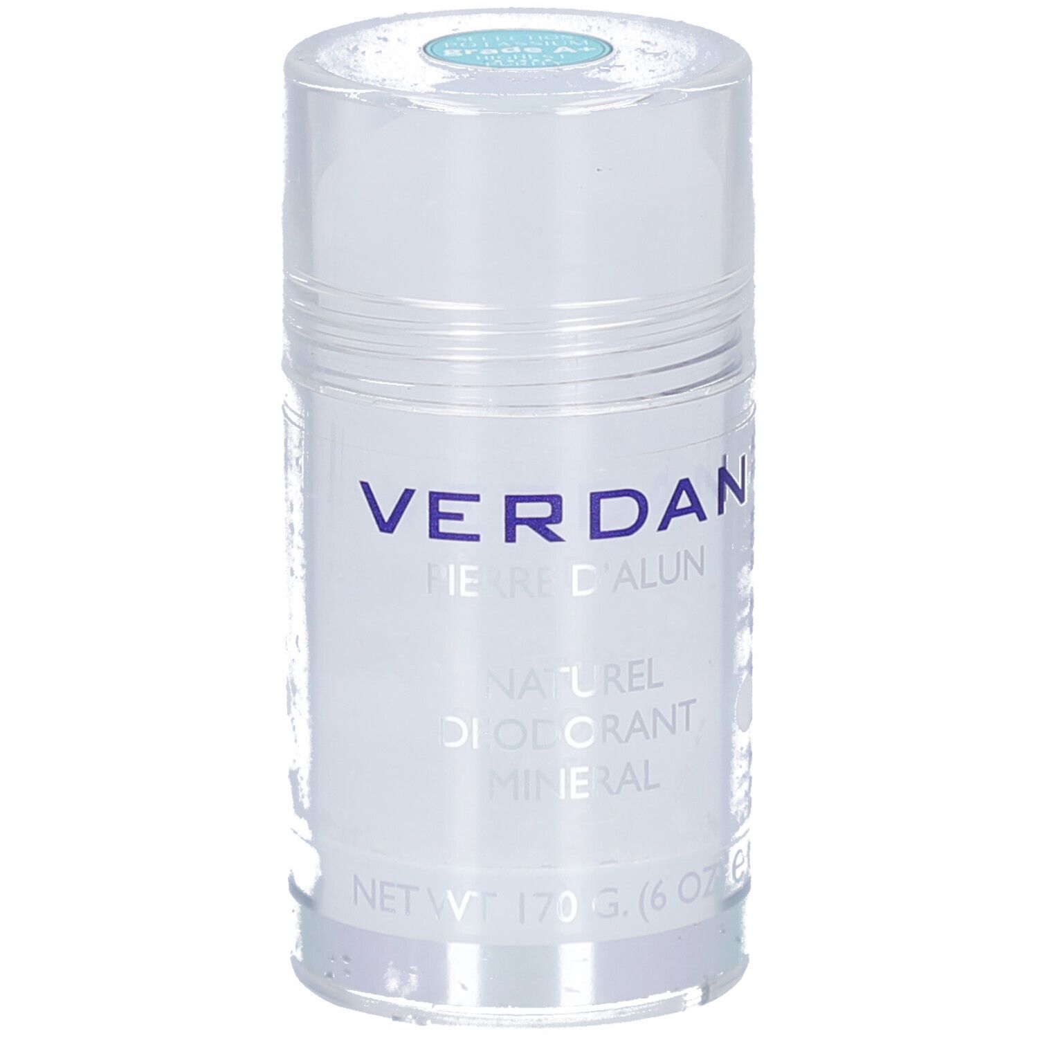 Zylinderförmiger Deostick. Beschriftung: VERDAN, Pierre d'Alun, Naturel, Déodorant Minéral. Nettogewicht: 170 g (6 OZ).