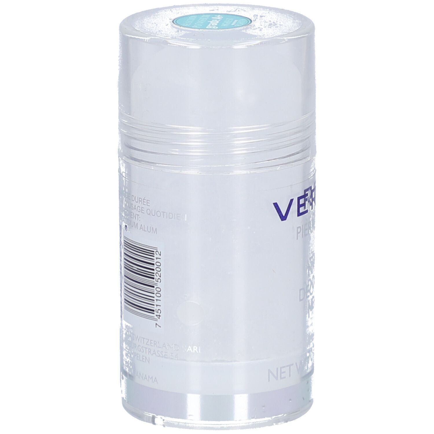 Deostick mit Etikett. Barcode und Text. Beschriftung: VERDAN, Pierre d'Alun, Naturel, Déodorant Minéral. Nettogewicht: 170 g (6 OZ).