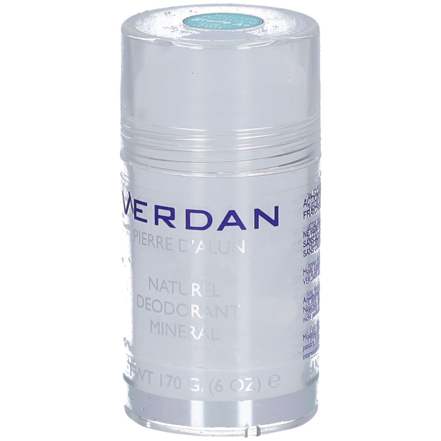Zylinderförmiger Deostick. Beschriftung: VERDAN, Pierre d'Alun, Naturel, Déodorant Minéral. Nettogewicht: 170 g (6 OZ).