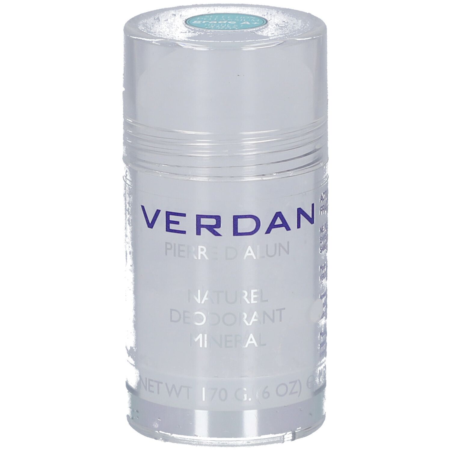 Zylinderförmiger Deostick. Beschriftung: VERDAN, Pierre d'Alun, Naturel, Déodorant Minéral. Nettogewicht: 170 g (6 OZ).