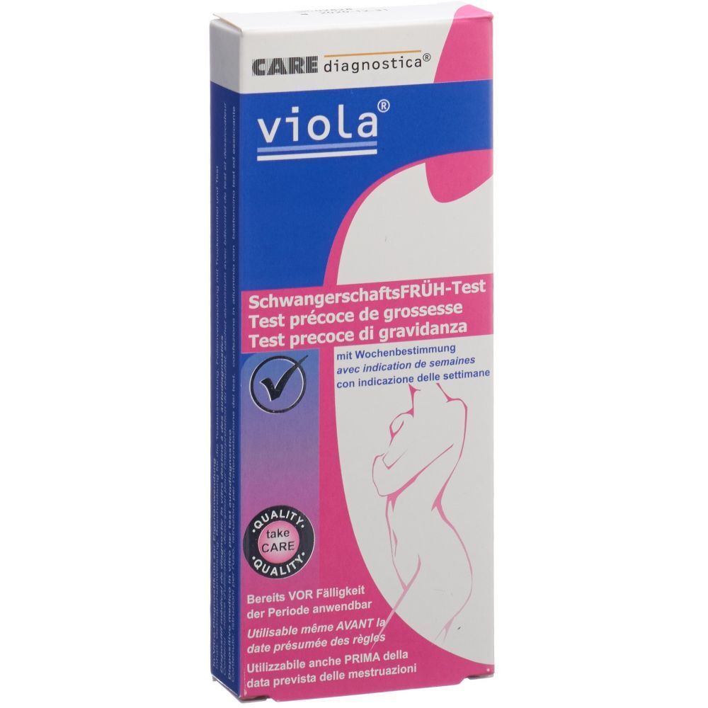 Verpackung des Care diagnostica® Frühschwangerschaftstests. Lila und weiß. Text: SchwangerschaftsFRÜH-Test.