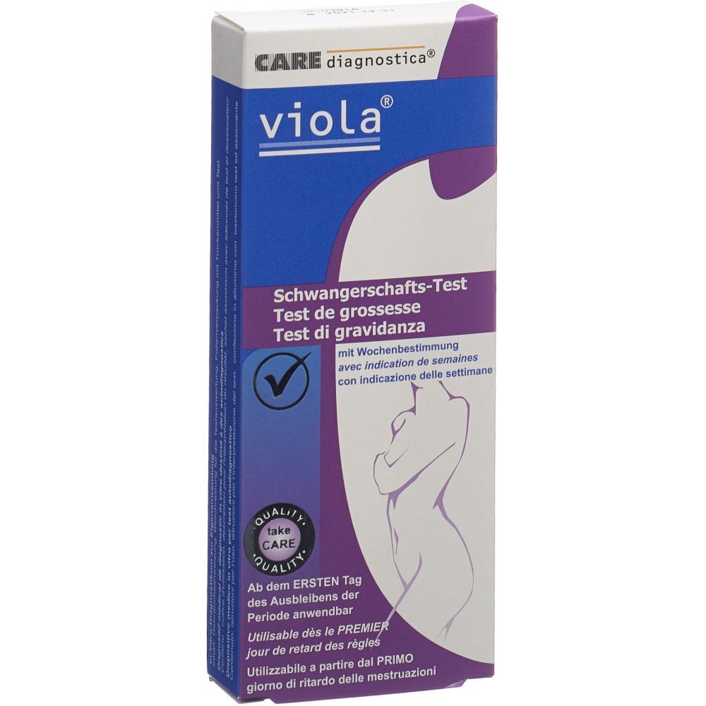 viola® Schwangerschaftstest-Verpackung. Lila-weißes Design mit Produktnamen und Illustration einer Frau.