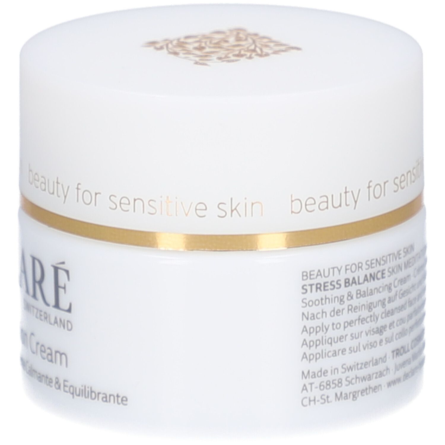 Weißer Creme-Tiegel mit goldenem Rand. Aufschrift: DECLARÉ SWITZERLAND, Skin Meditation Cream. Text auf der Seite.