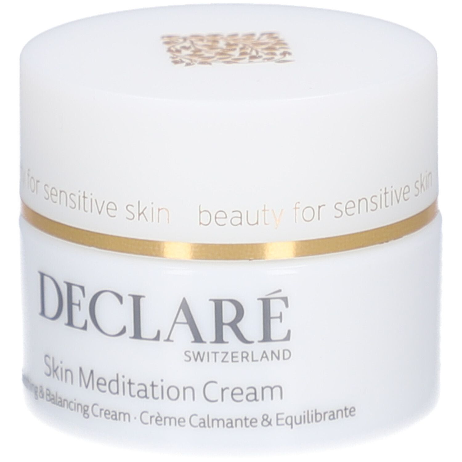 Weißer Creme-Tiegel mit goldenem Rand. Aufschrift: DECLARÉ SWITZERLAND, Skin Meditation Cream. Beruhigende & ausgleichende Creme.