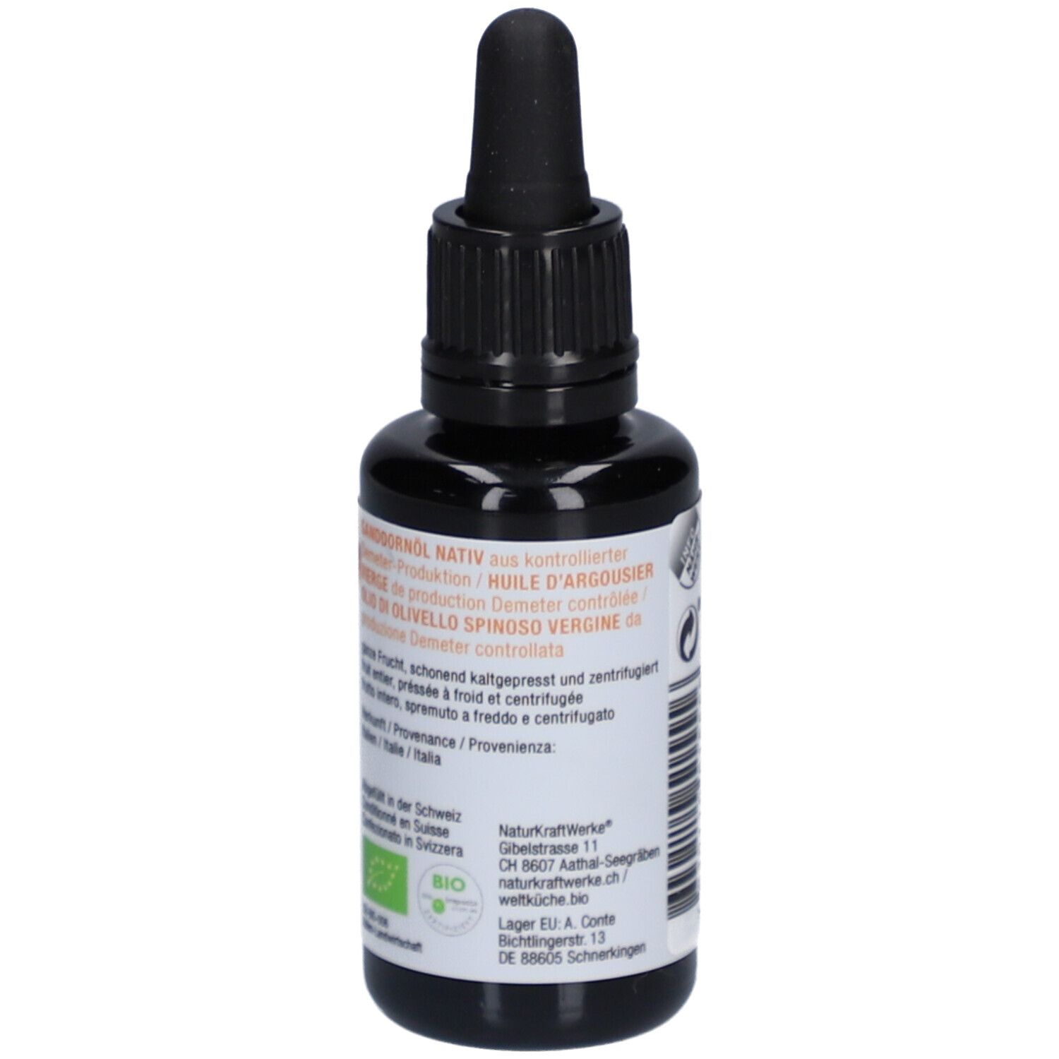 Braune Glasflasche mit Pipette. Etikett mit Produktinformationen, Demeter-Logo und Bio-Siegel.