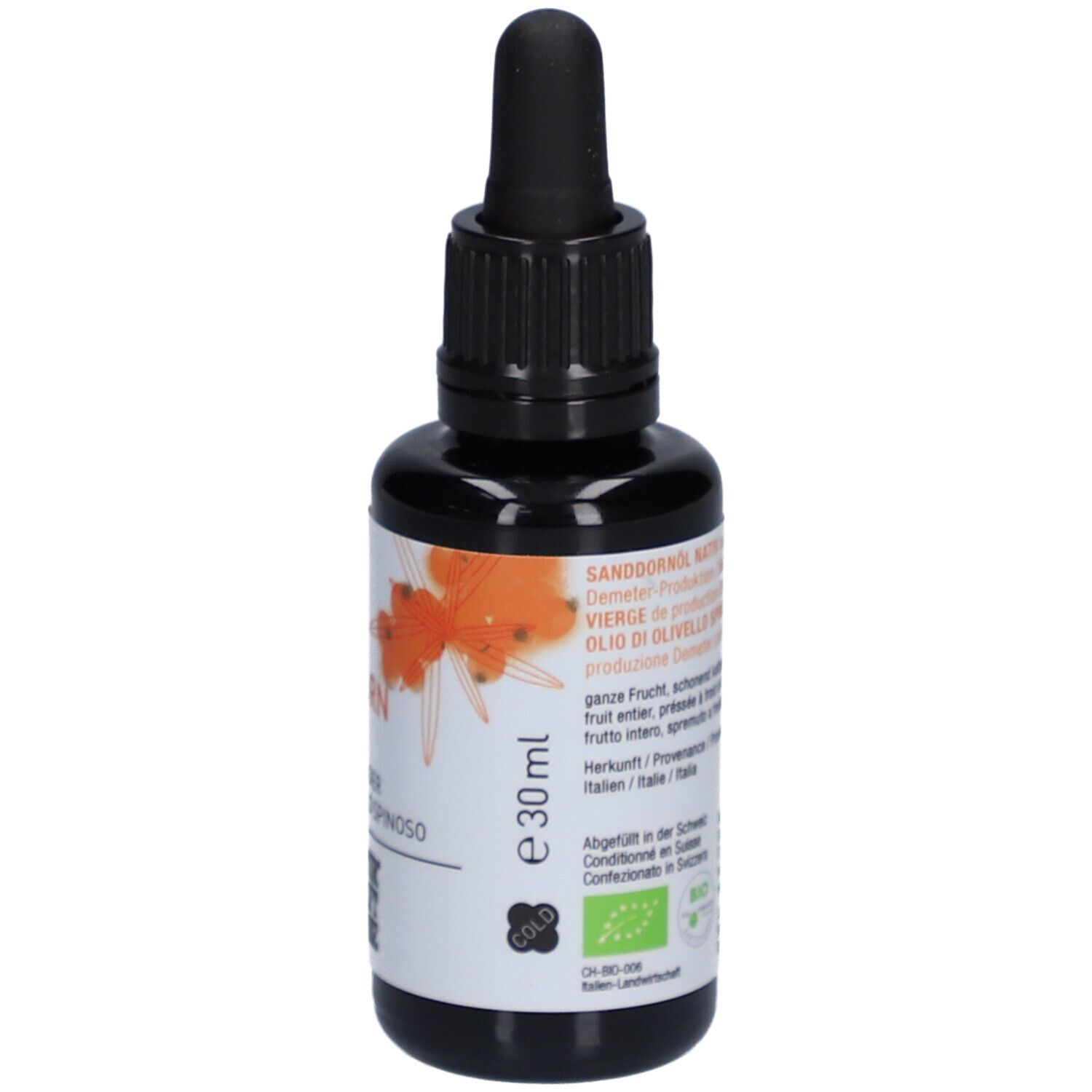 Braune Glasflasche mit Pipette. Etikett mit Produktinformationen, Volumenangabe und Bio-Siegel.