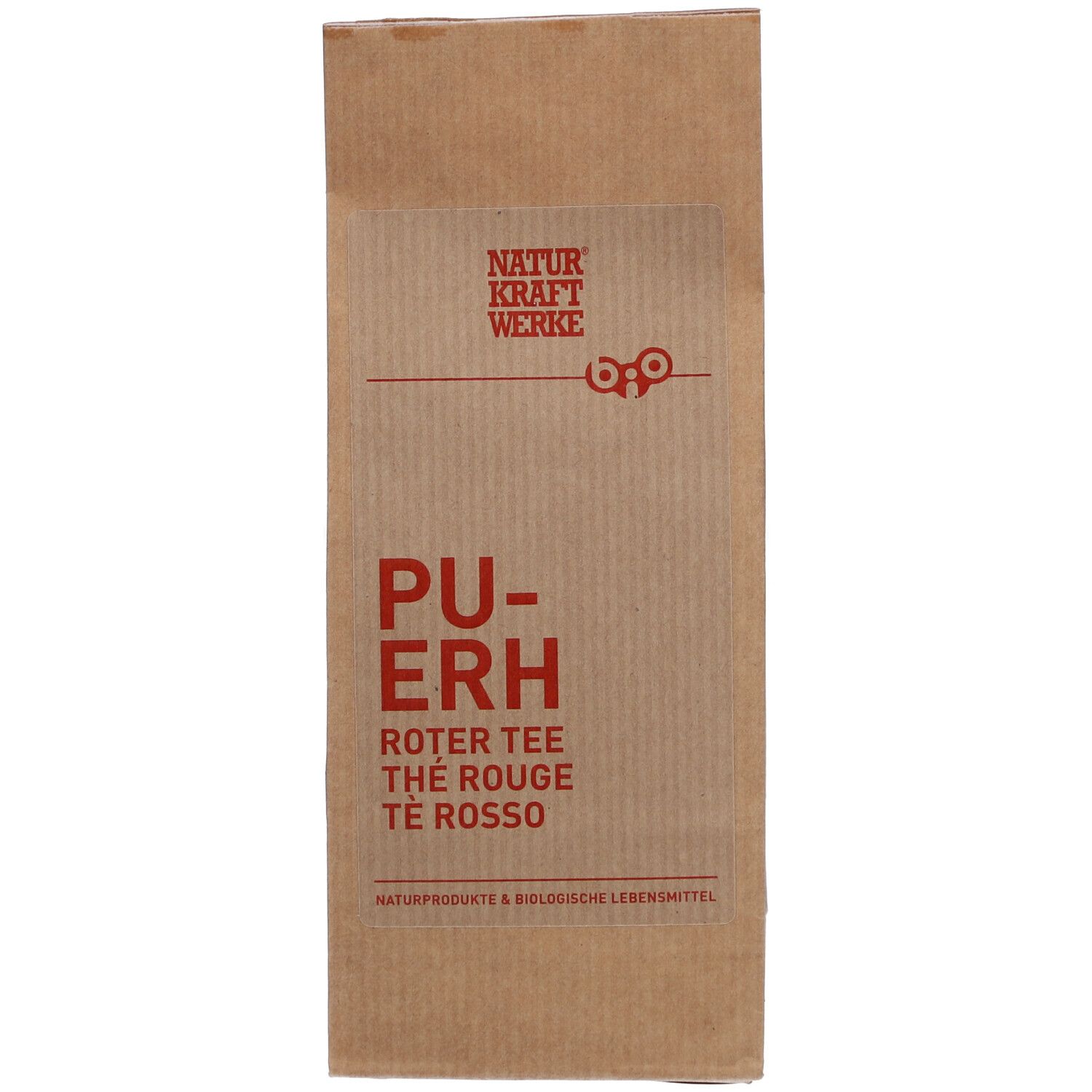 Braune Papiertüte mit roter Schrift. Aufschrift: PU-ERH, Roter Tee, Thé Rouge, Té Rosso. Logo NATURKRAFTWERKE.