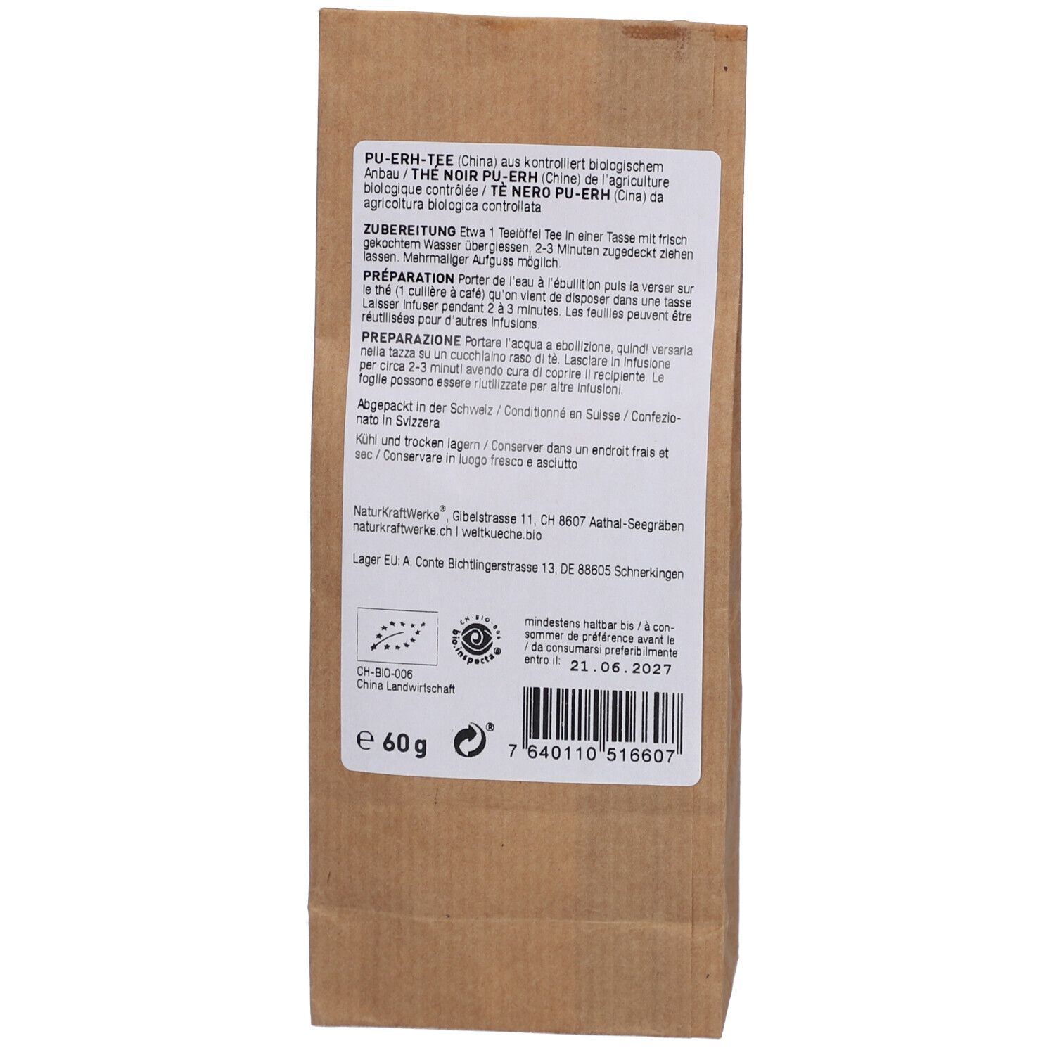 Rückseite der Papiertüte. Text: PU-ERH-Tee, Zubereitung, Bio-Siegel, Chargennummer, Mindesthaltbarkeitsdatum. Gewicht: 60g.