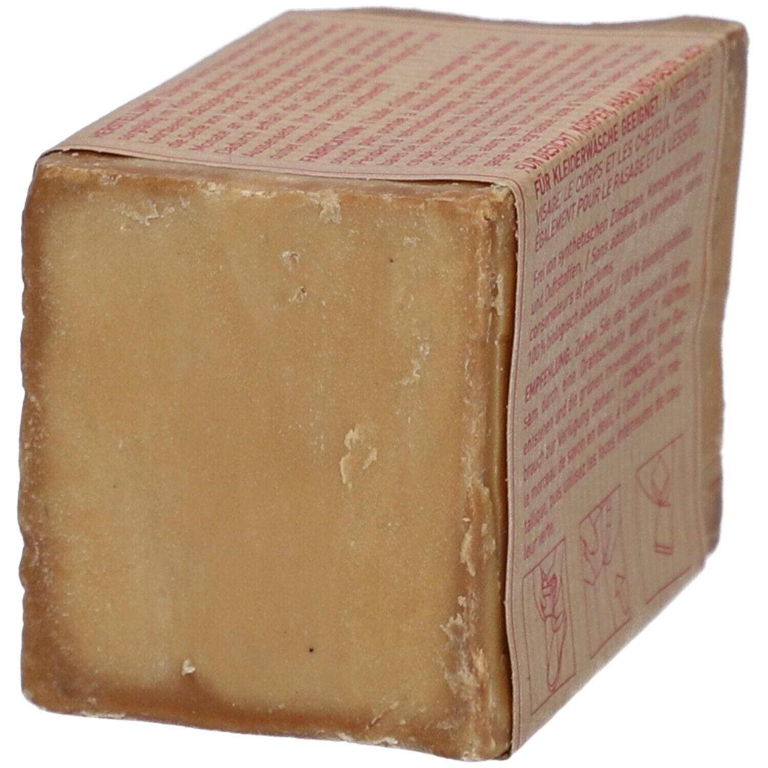 Rechteckige Seife mit Papierbanderole. Text: Für Kleiderwäsche geeignet. 100% biologisch abbaubar. Anweisungen zum Teilen.