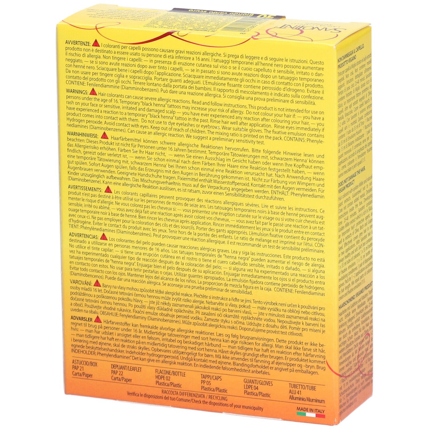 Dos de la boîte jaune. Texte multilingue. Avertissements et instructions d'utilisation. Fabriqué en Italie.