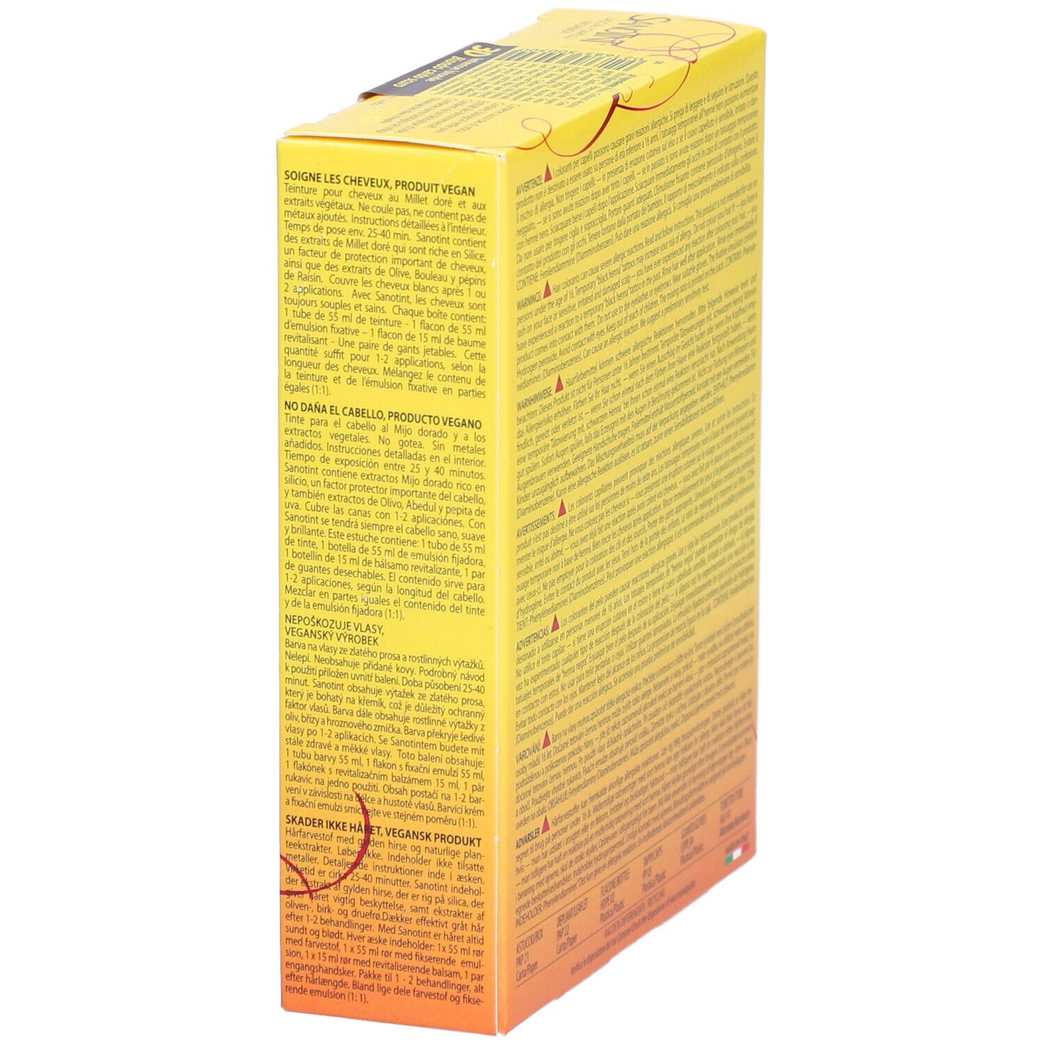 Dos de la boîte jaune. Texte multilingue. Instructions d'utilisation et ingrédients. Produit végétalien.