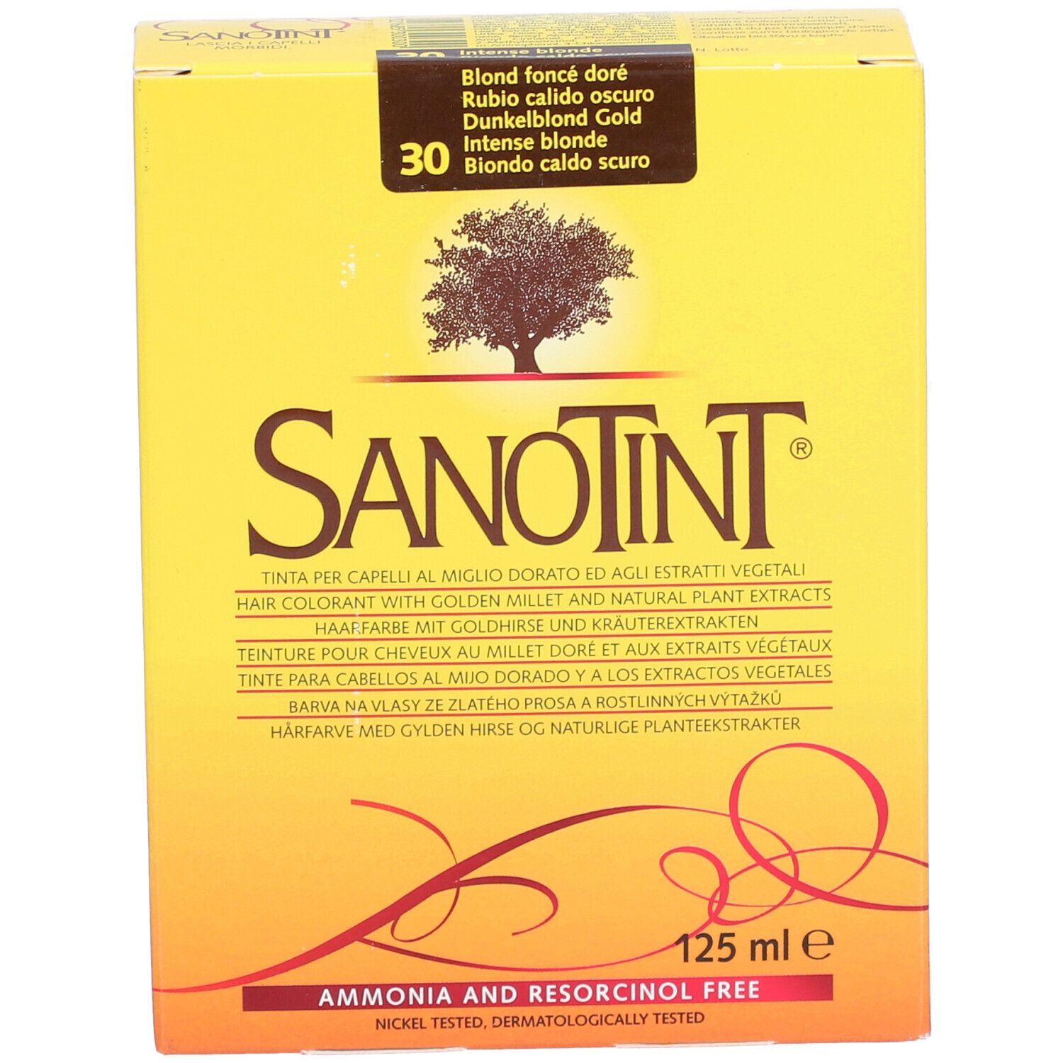 Boîte jaune SANOTINT. Texte: Coloration capillaire, 125 ml, sans ammoniaque ni résorcine. Teinte: 30 blond foncé doré.