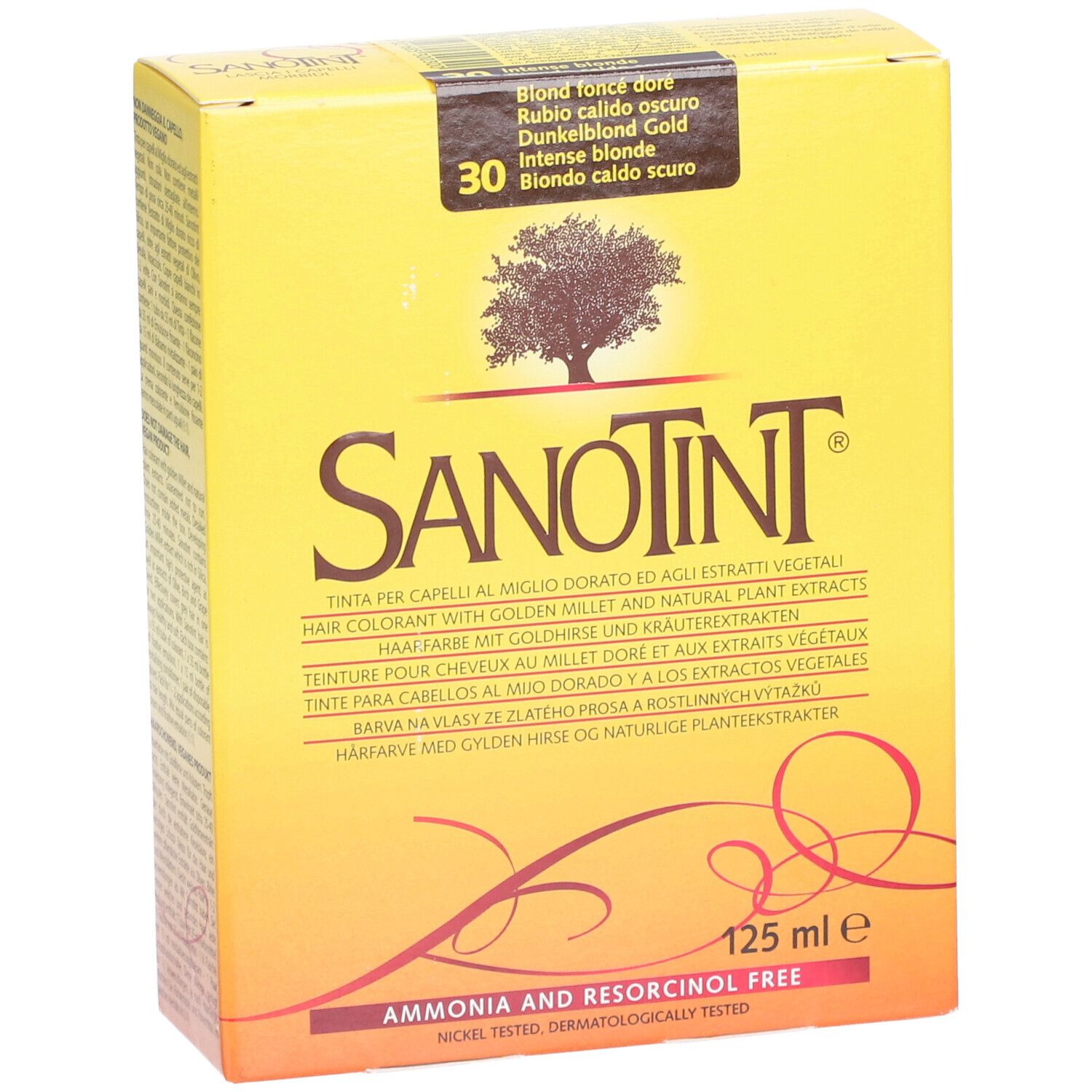 Boîte jaune SANOTINT. Texte: Coloration capillaire, 125 ml, sans ammoniaque ni résorcine. Teinte: 30 blond foncé doré.