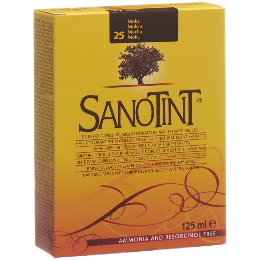 SANOTINT® Haarfarbe mokka 25. Gelbe Schachtel mit Produktnamen und Baum-Logo. Enthält 125 ml. "Ammonia and resorcinol free".
