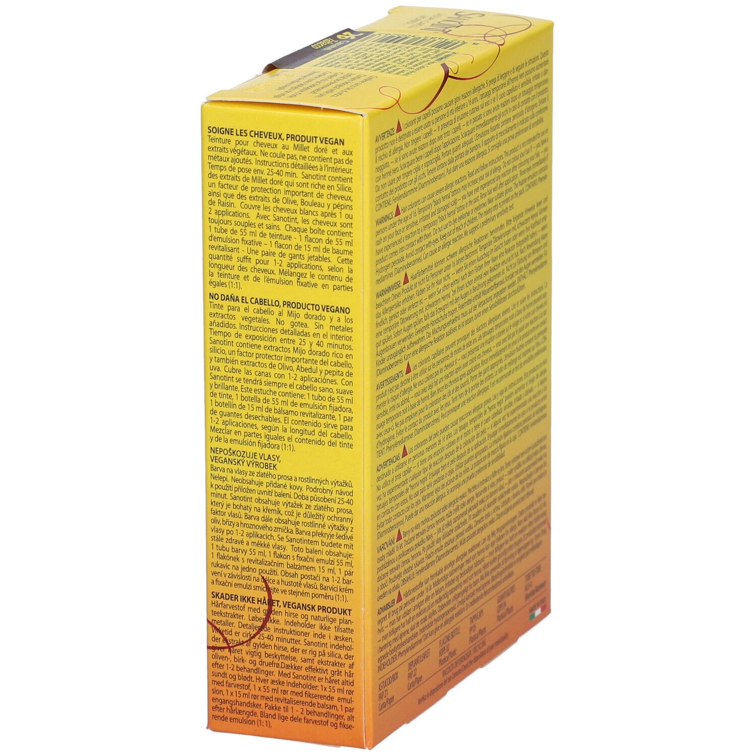 SANOTINT® Nr. 26 Tabak. Gelbe Schachtel, Text, Inhaltsstoffe, veganes Produkt. Mehrere Sprachen.