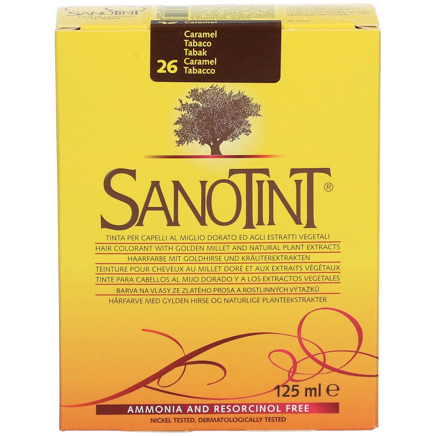 SANOTINT® Nr. 26 Tabak. Gelbe Schachtel, Produktbezeichnung, Baum-Logo, 125 ml. Aufdrucke in mehreren Sprachen.