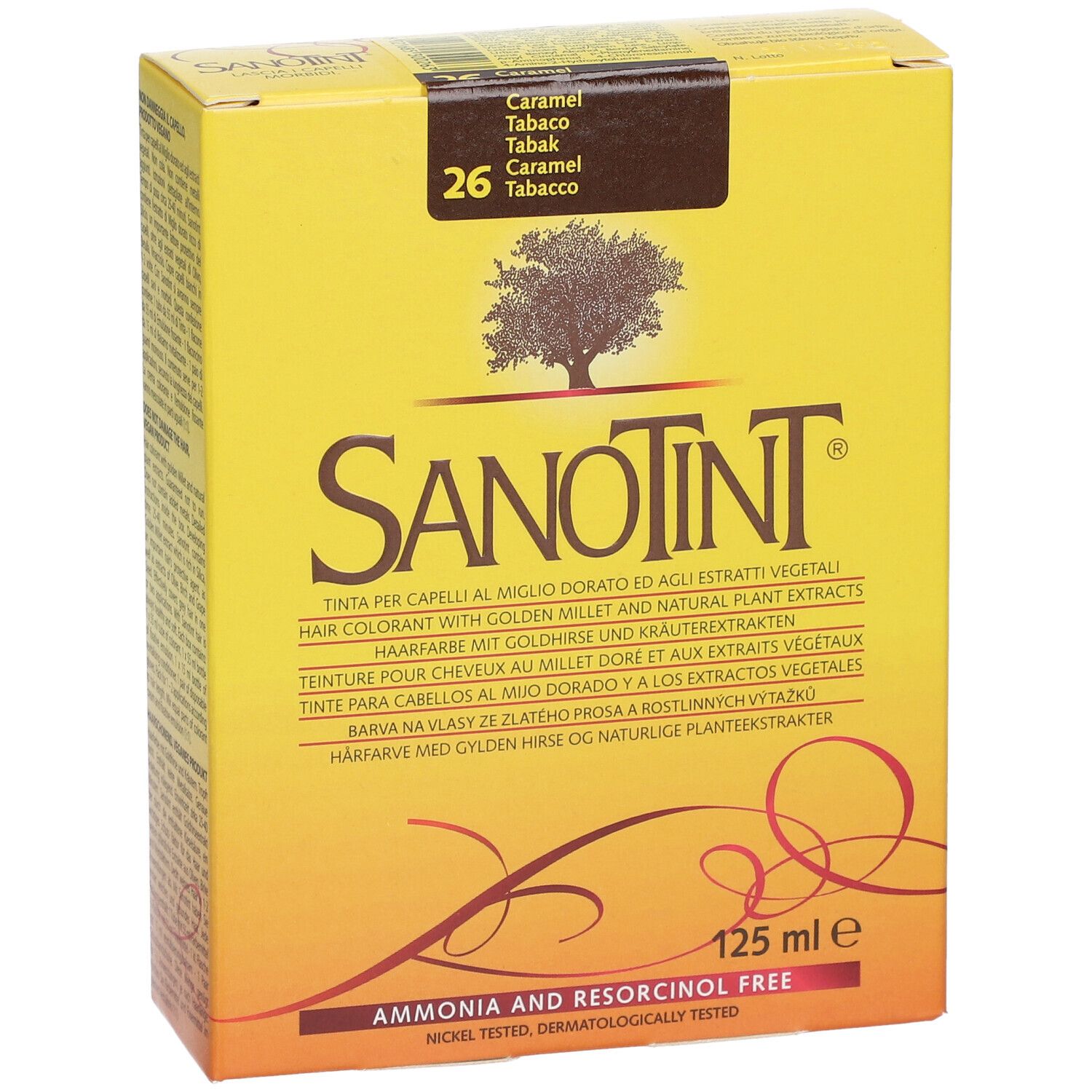 SANOTINT® Nr. 26 Tabak. Gelbe Schachtel, Produktbezeichnung, Baum-Logo, 125 ml. Aufdrucke in mehreren Sprachen.