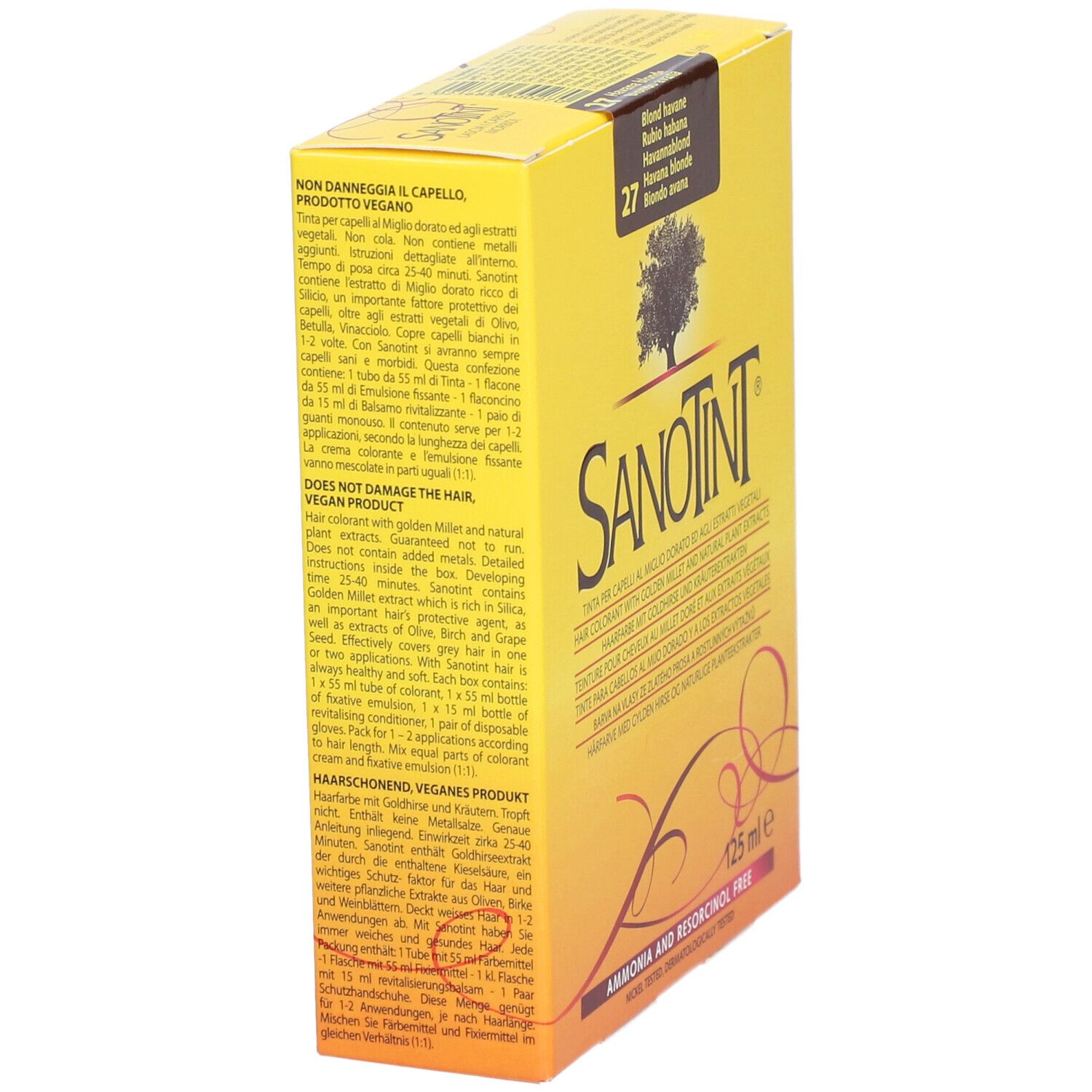 Gelbe Schachtel, SANOTINT-Logo und Text. Enthält Haarfarbe 27 havannablond. Text über Inhaltsstoffe und Anwendung. 125 ml.