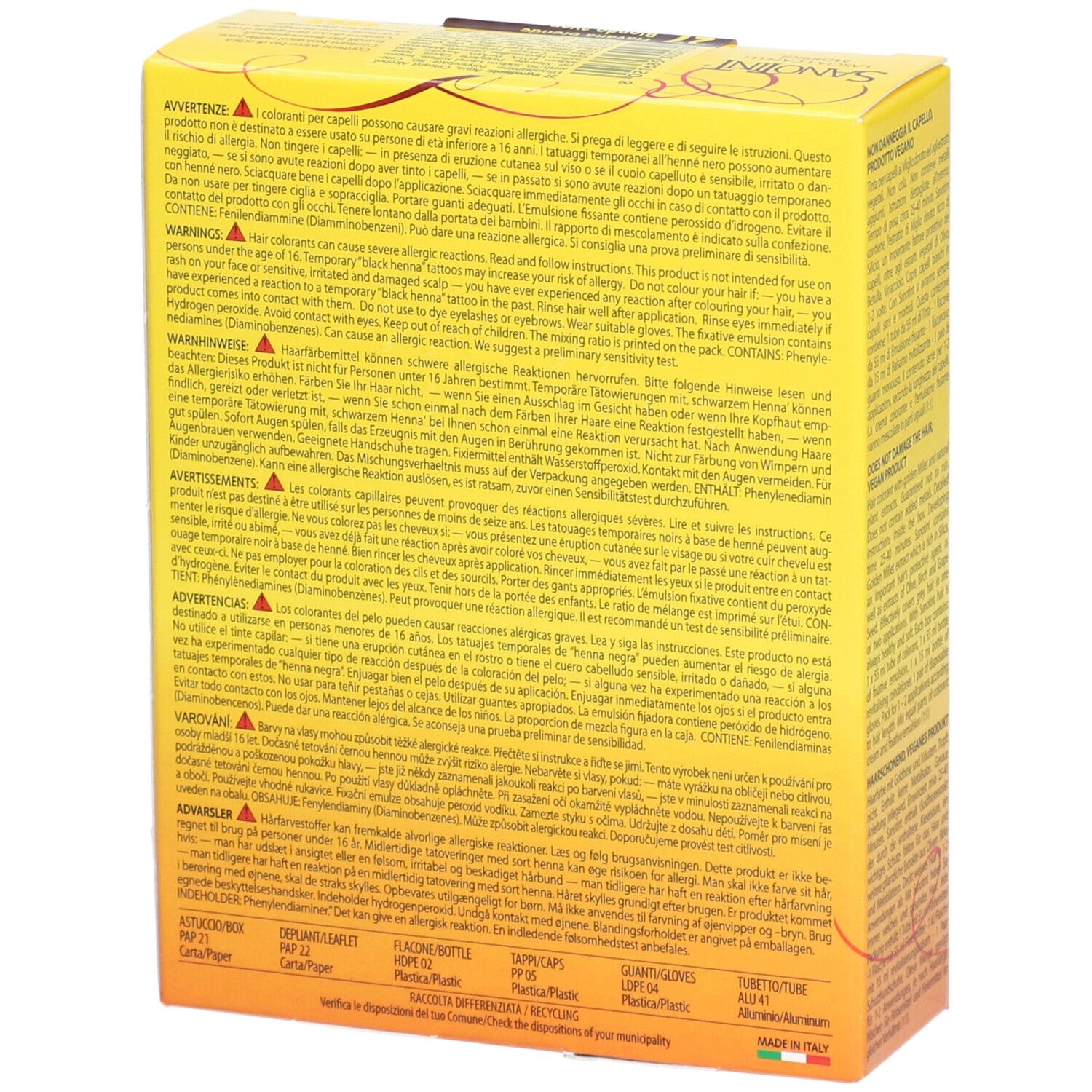 Gelbe Schachtel mit Warnhinweisen. Text in mehreren Sprachen. Enthält Informationen zu Allergenen und Vorsichtsmaßnahmen.