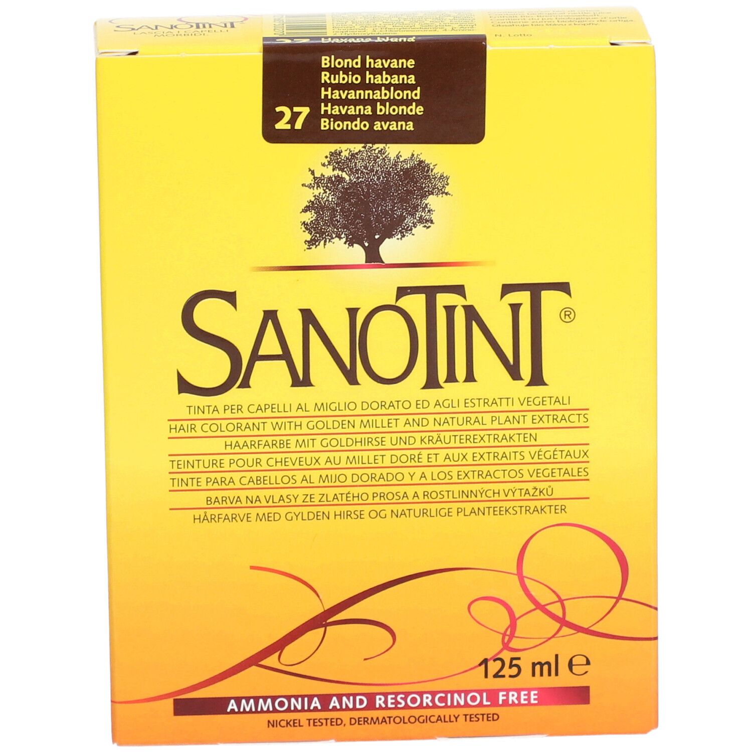 Gelbe Schachtel mit SANOTINT-Logo und Text. Enthält Haarfarbe 27 havannablond. 125 ml. Frei von Ammoniak und Resorcin.