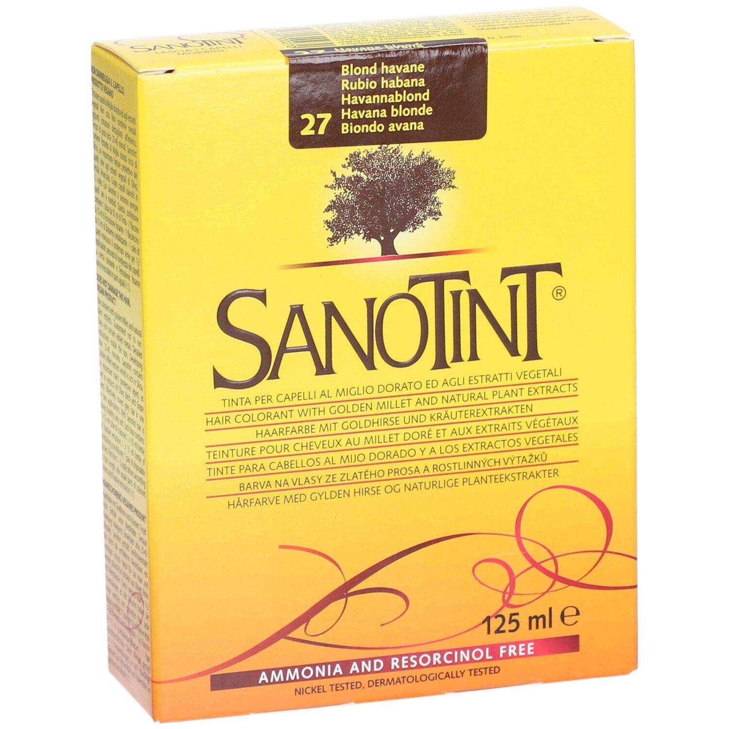 Gelbe Schachtel mit SANOTINT-Logo und Text. Enthält Haarfarbe 27 havannablond. 125 ml. Frei von Ammoniak und Resorcin.