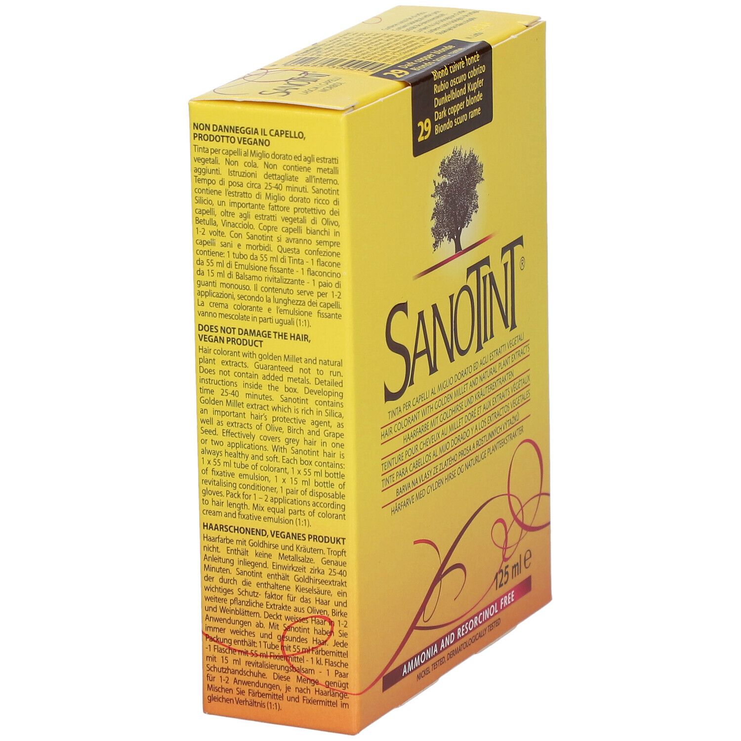 Gelbe Schachtel SANOTINT. Enthält Produktinformationen in mehreren Sprachen. 125 ml. Ohne Ammoniak und Resorcin.