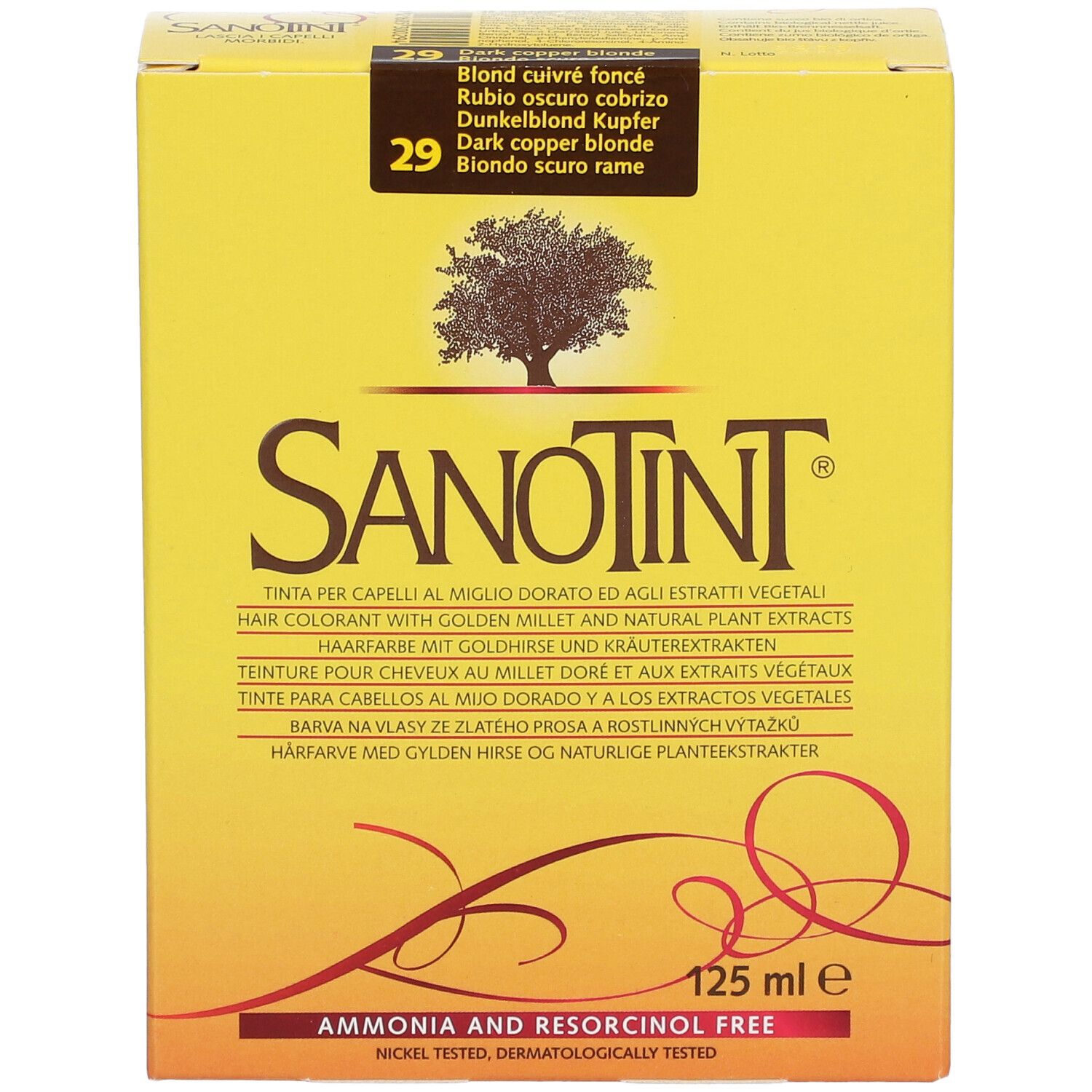 Gelbe Schachtel mit SANOTINT-Logo und Produktbezeichnung. Farbton: 29 Dunkel Kupferblond. 125 ml.