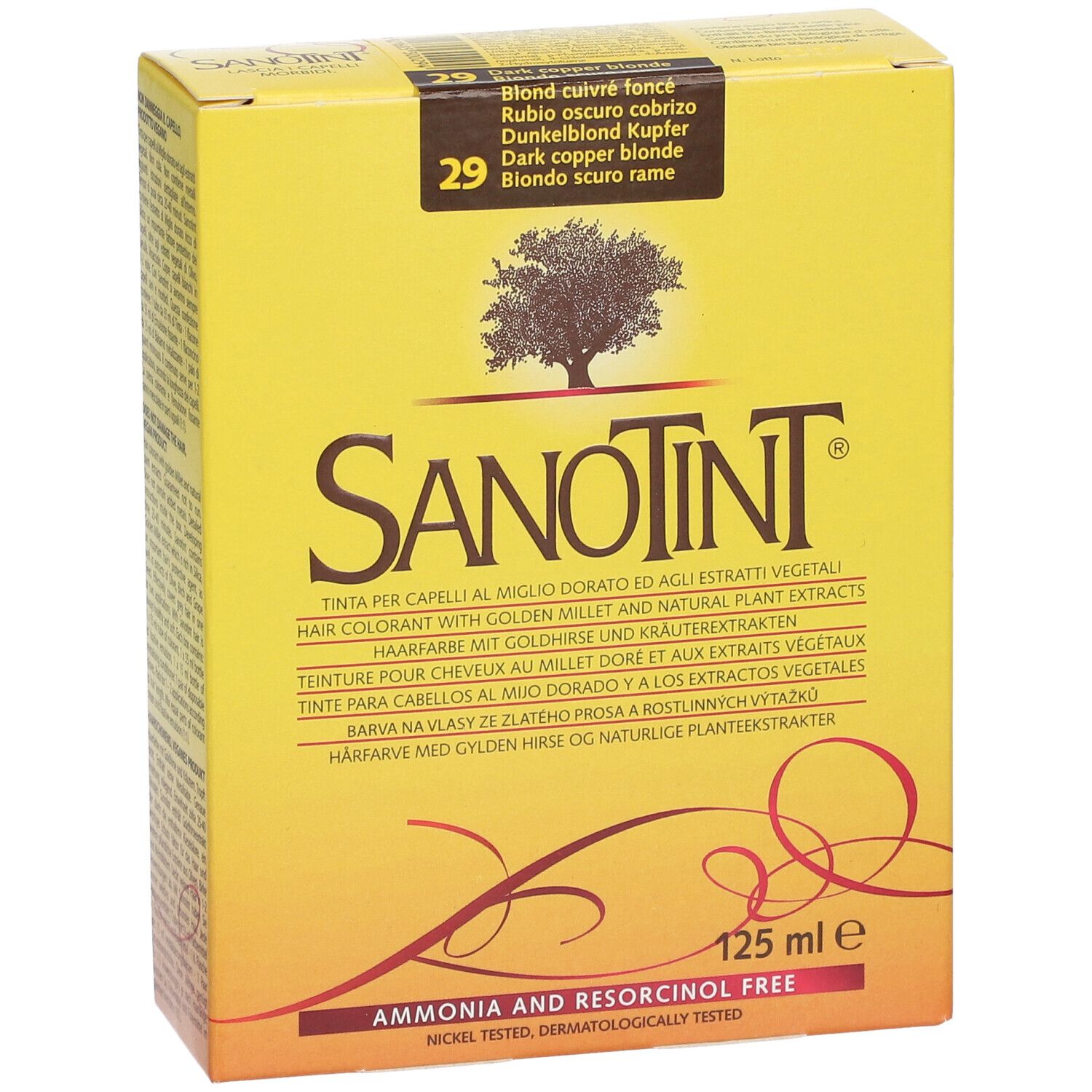 Gelbe Schachtel SANOTINT. Farbton 29, Dunkel Kupferblond. 125 ml. Ohne Ammoniak und Resorcinol.