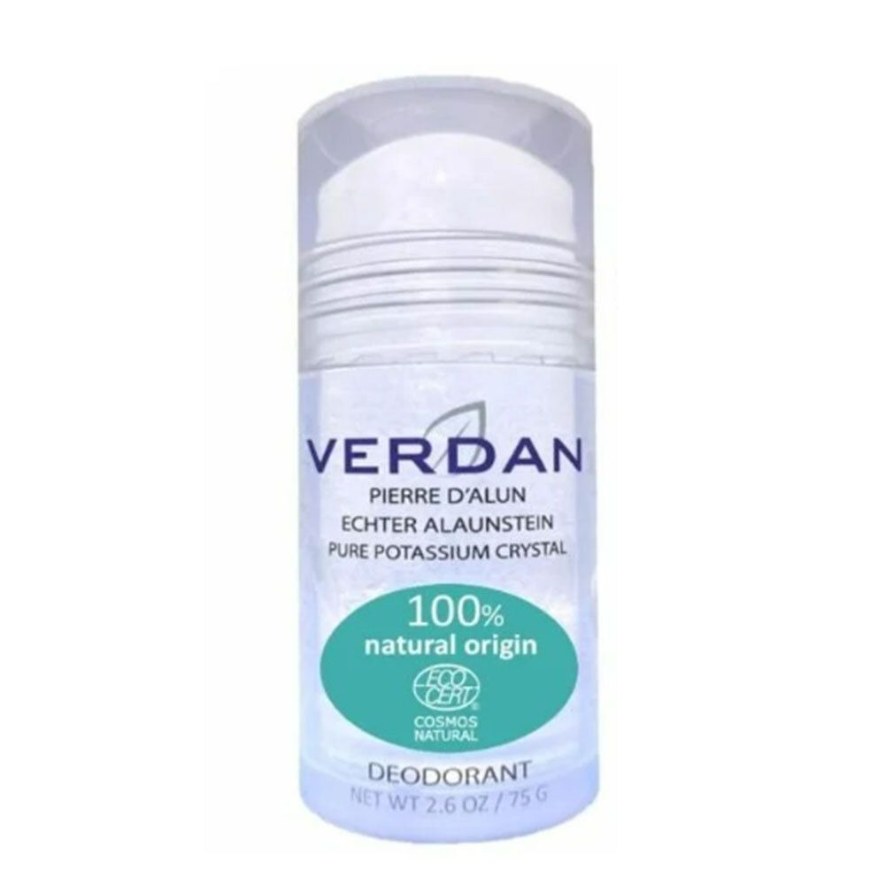 Deo-Roller mit transparentem Gehäuse. Aufschrift: VERDAN, Pierre d'Alun, 100% natural origin, COSMOS NATURAL. Mit Zertifizierungslogo.