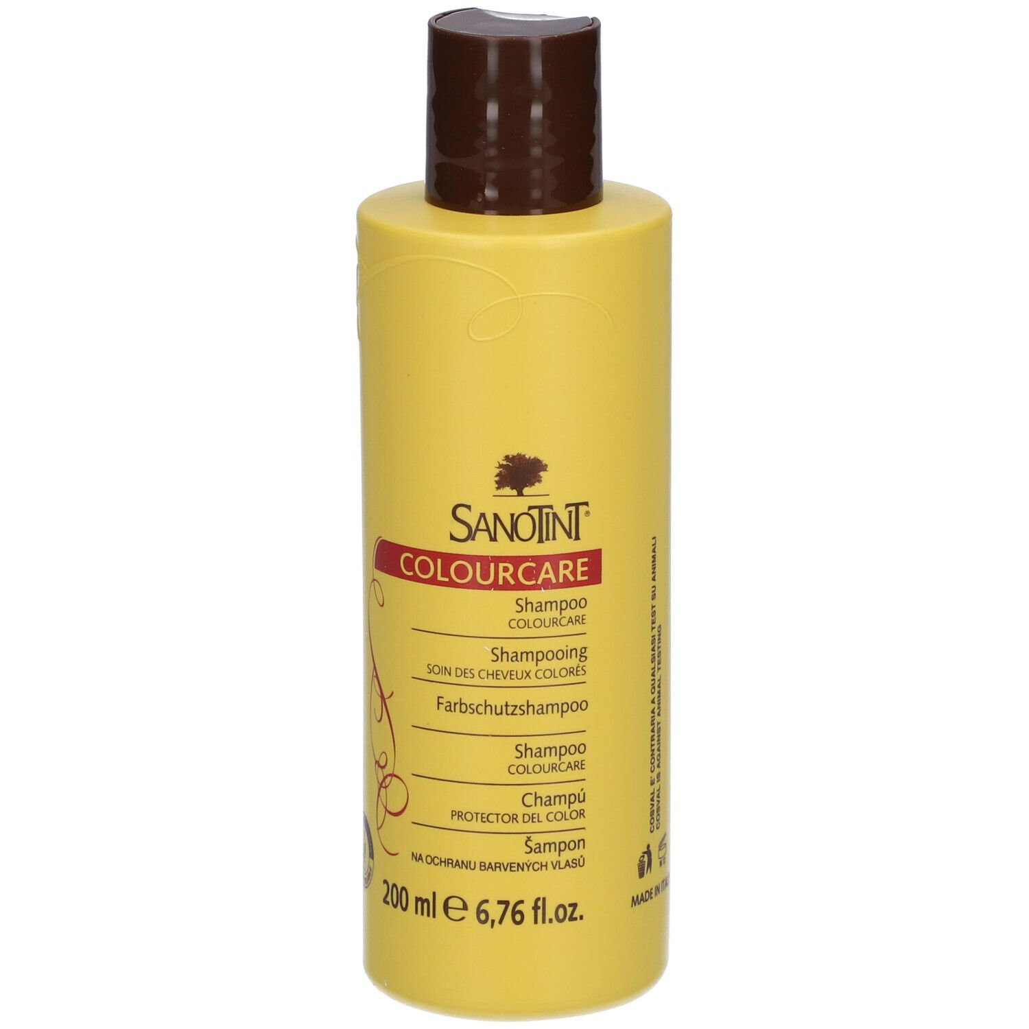 Gelbe Shampoo-Flasche mit braunem Deckel. Aufschrift: SANOTINT COLOURCARE Shampoo. 200 ml.