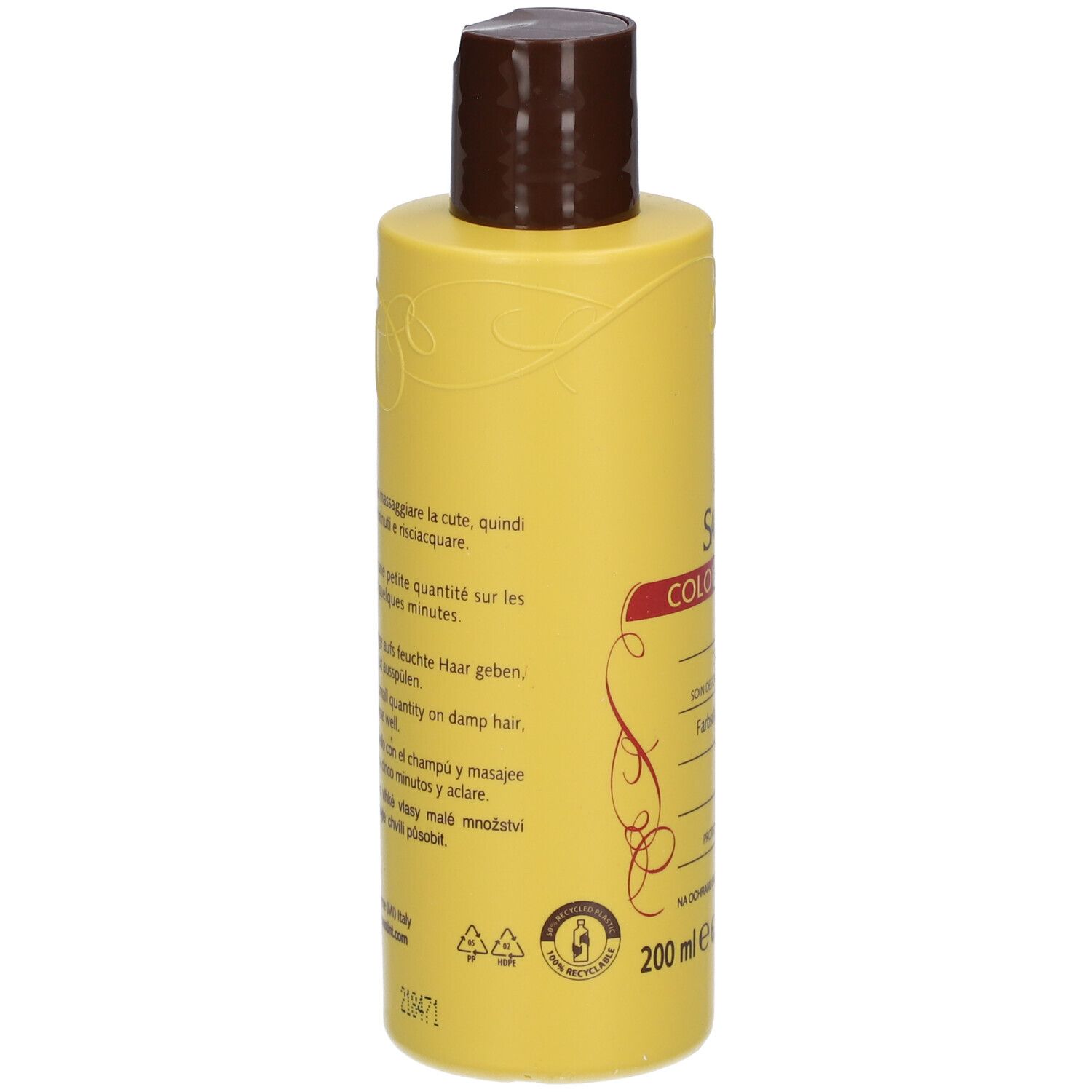 Rückseite einer gelben Shampoo-Flasche mit braunem Deckel. Text: Anwendungshinweise in mehreren Sprachen. 200 ml.