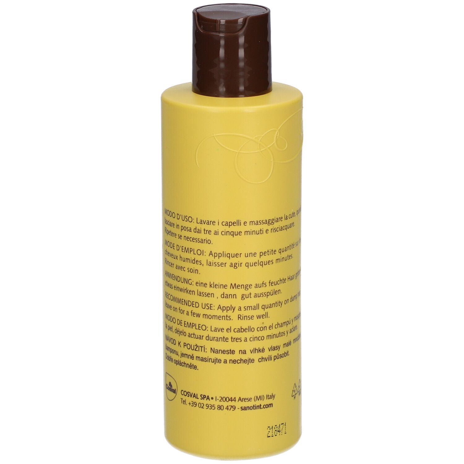 Rückseite einer gelben Shampoo-Flasche mit braunem Deckel. Text: Anwendungshinweise in mehreren Sprachen. 200 ml.