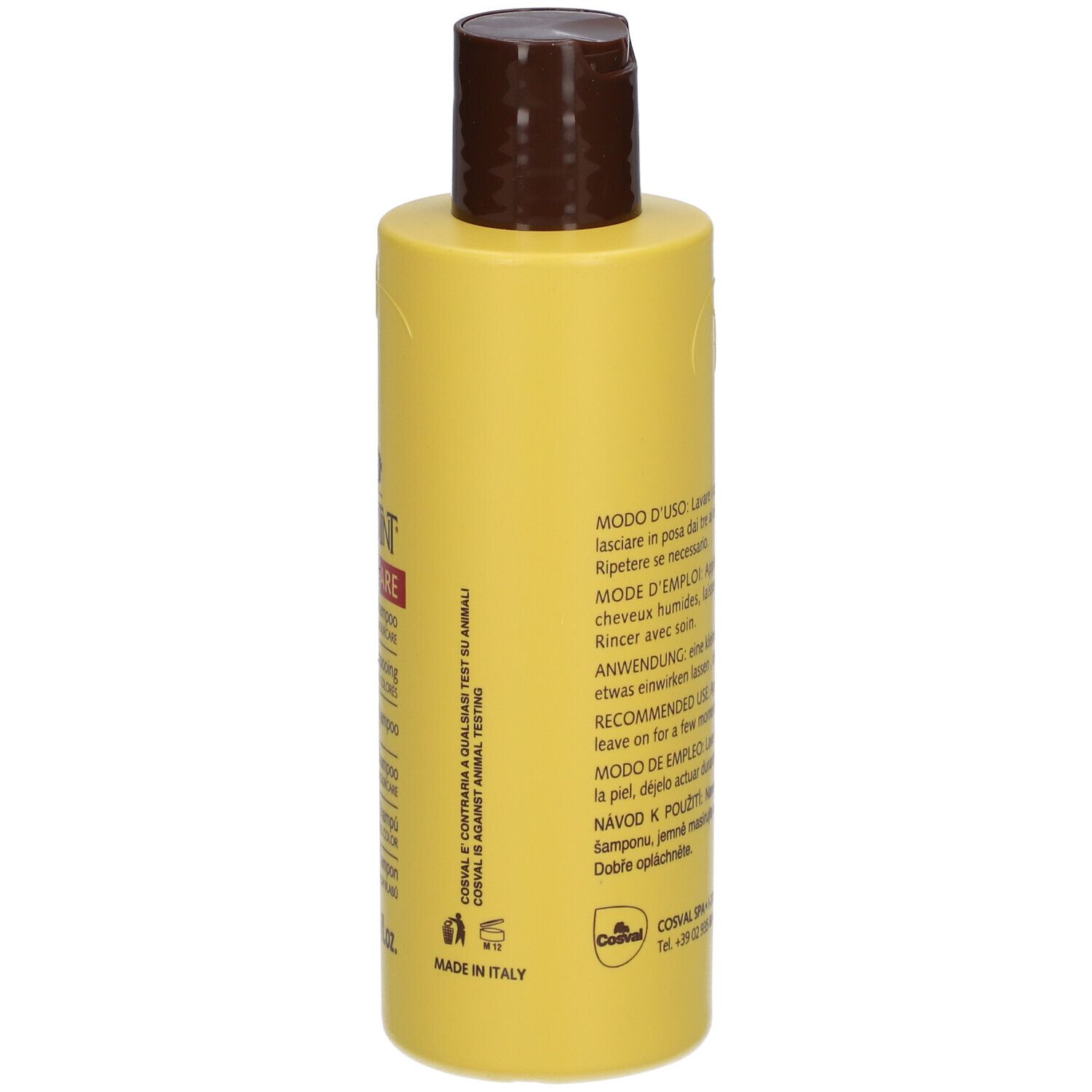 Rückseite einer gelben Shampoo-Flasche mit braunem Deckel. Text: Anwendungshinweise in mehreren Sprachen. 200 ml.