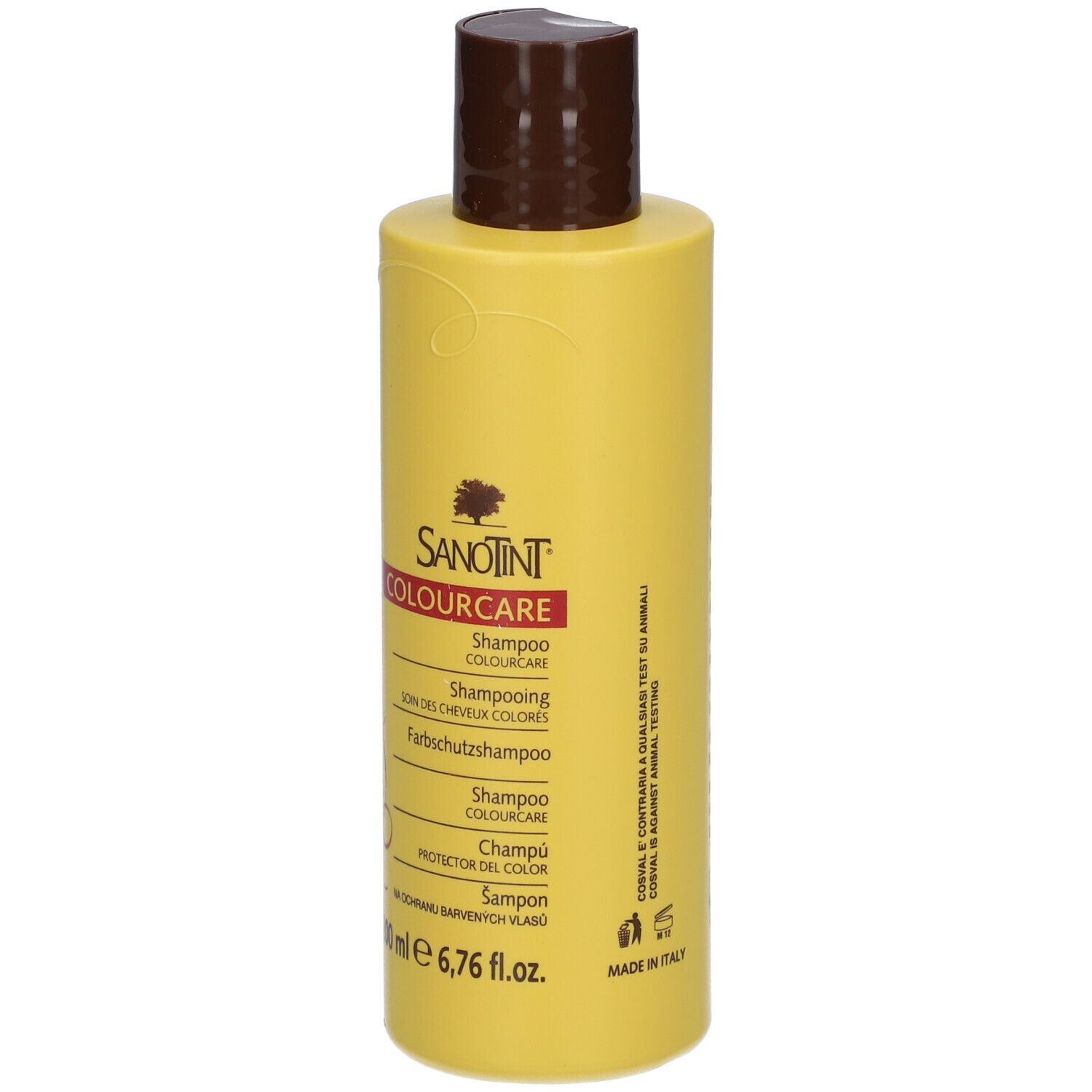 Gelbe Shampoo-Flasche mit braunem Deckel. Aufschrift: SANOTINT COLOURCARE Shampoo. 200 ml.