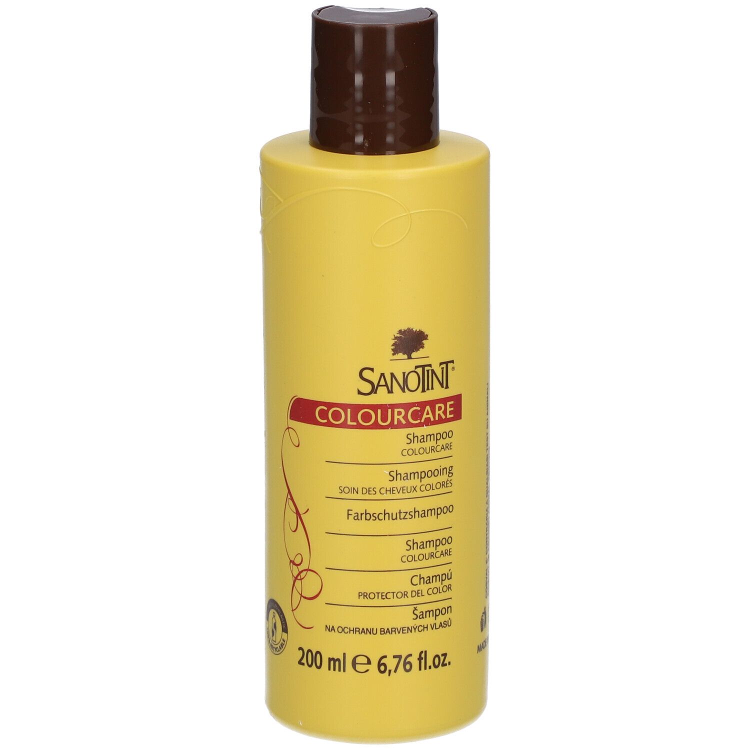 Gelbe Shampoo-Flasche mit braunem Deckel. Aufschrift: SANOTINT COLOURCARE Shampoo. 200 ml.