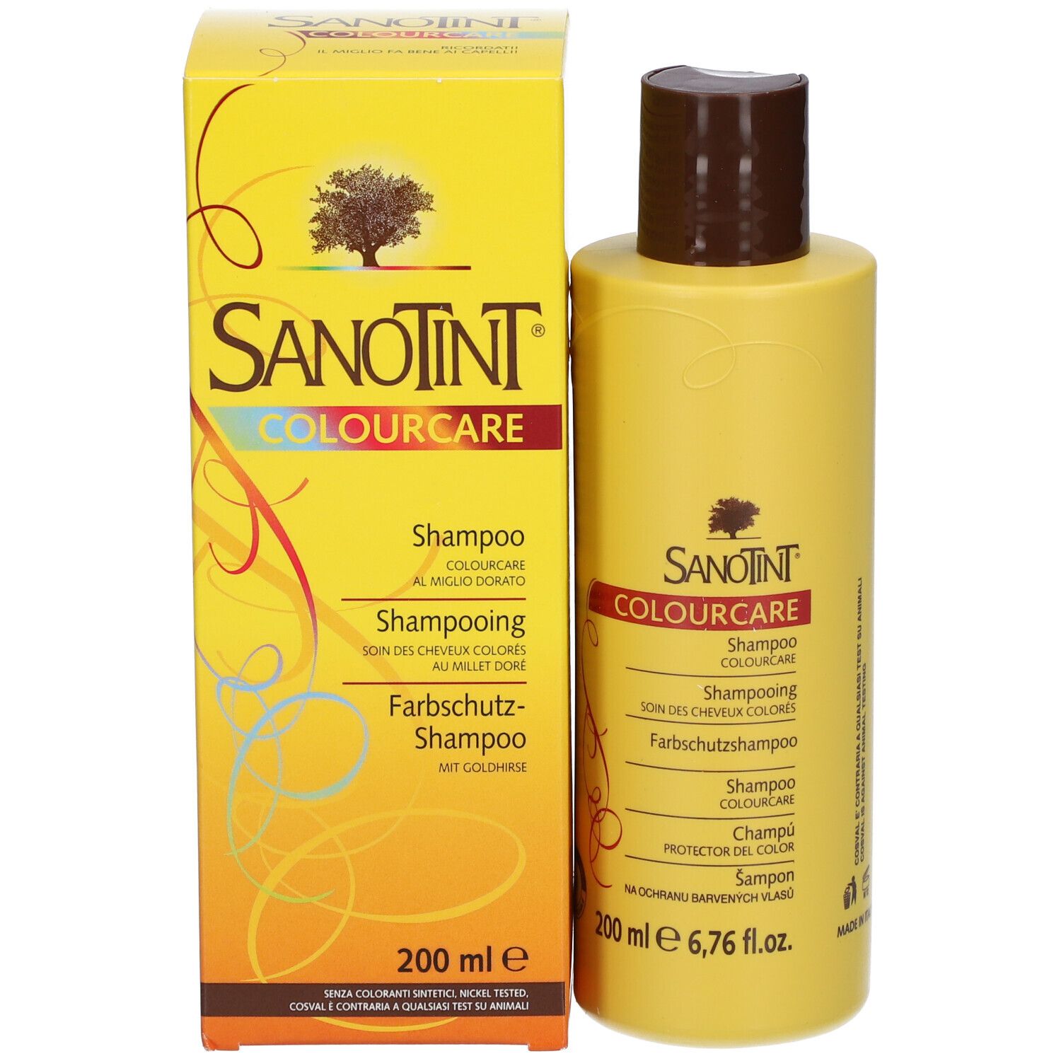 Gelbe Shampoo-Flasche und Schachtel. Aufschrift: SANOTINT COLOURCARE Shampoo. 200 ml. Schachtel mit Produktabbildung.