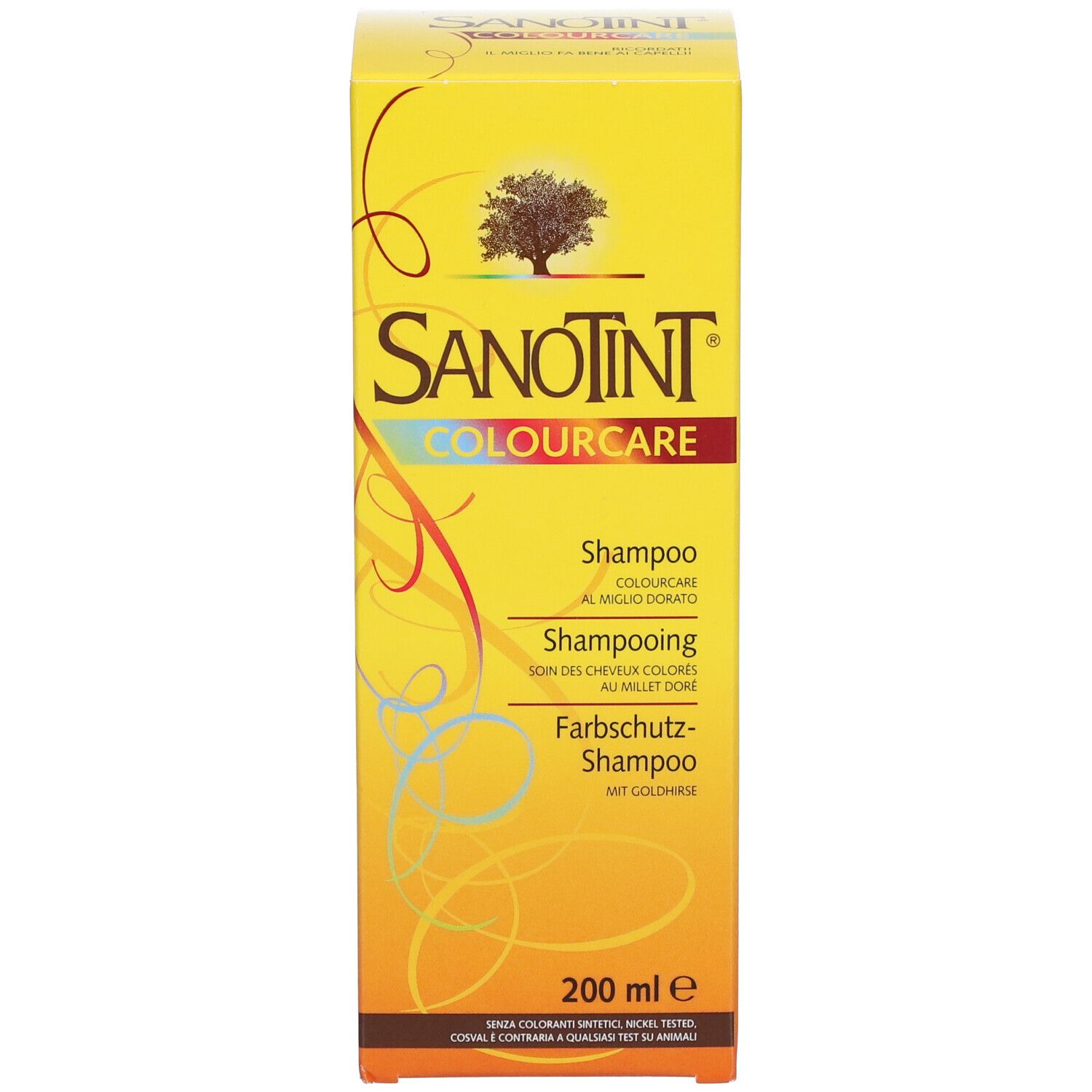 Gelbe Schachtel mit Aufschrift: SANOTINT COLOURCARE Shampoo. 200 ml. Produktabbildung und Text in mehreren Sprachen.