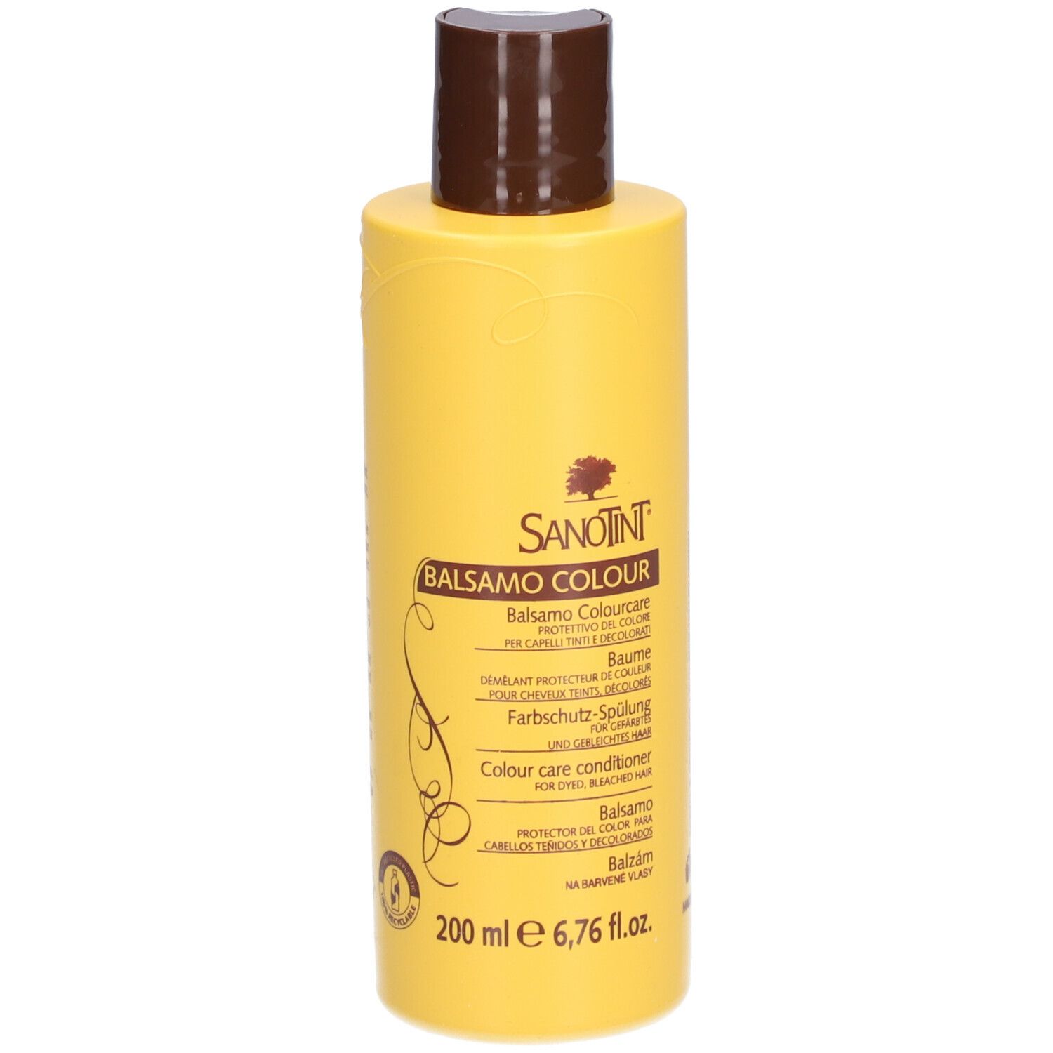 Flacon jaune, bouchon marron. Inscription: SANOTINT, Balsamo Colour, soin protecteur couleur. 200 ml.