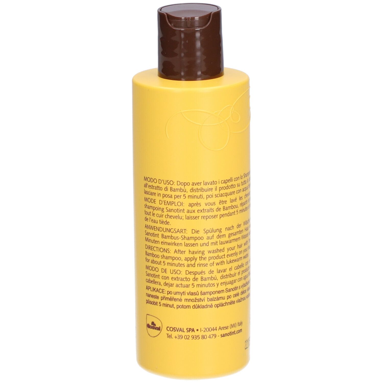 Flacon jaune, bouchon marron. Dos avec texte multilingue. 200 ml.