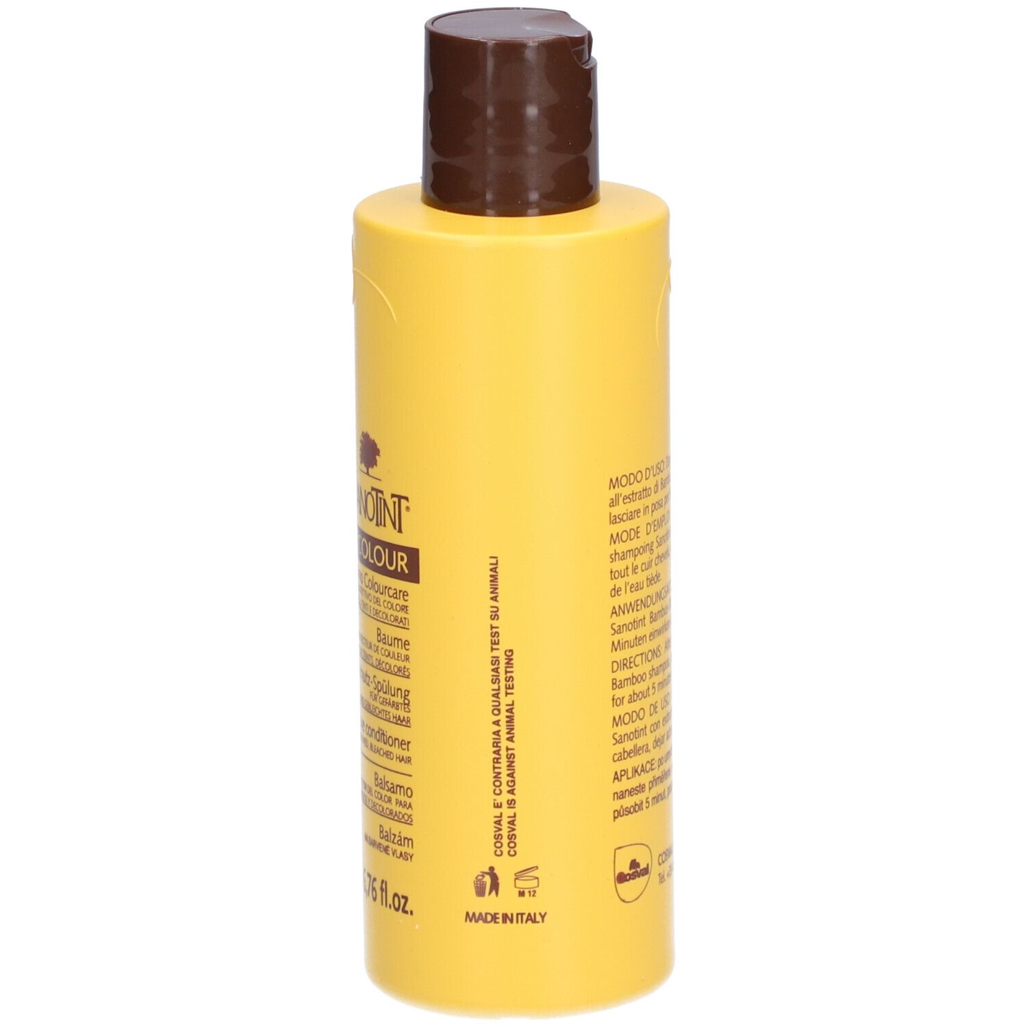 Flacon jaune, bouchon marron. Dos avec texte multilingue. 200 ml.