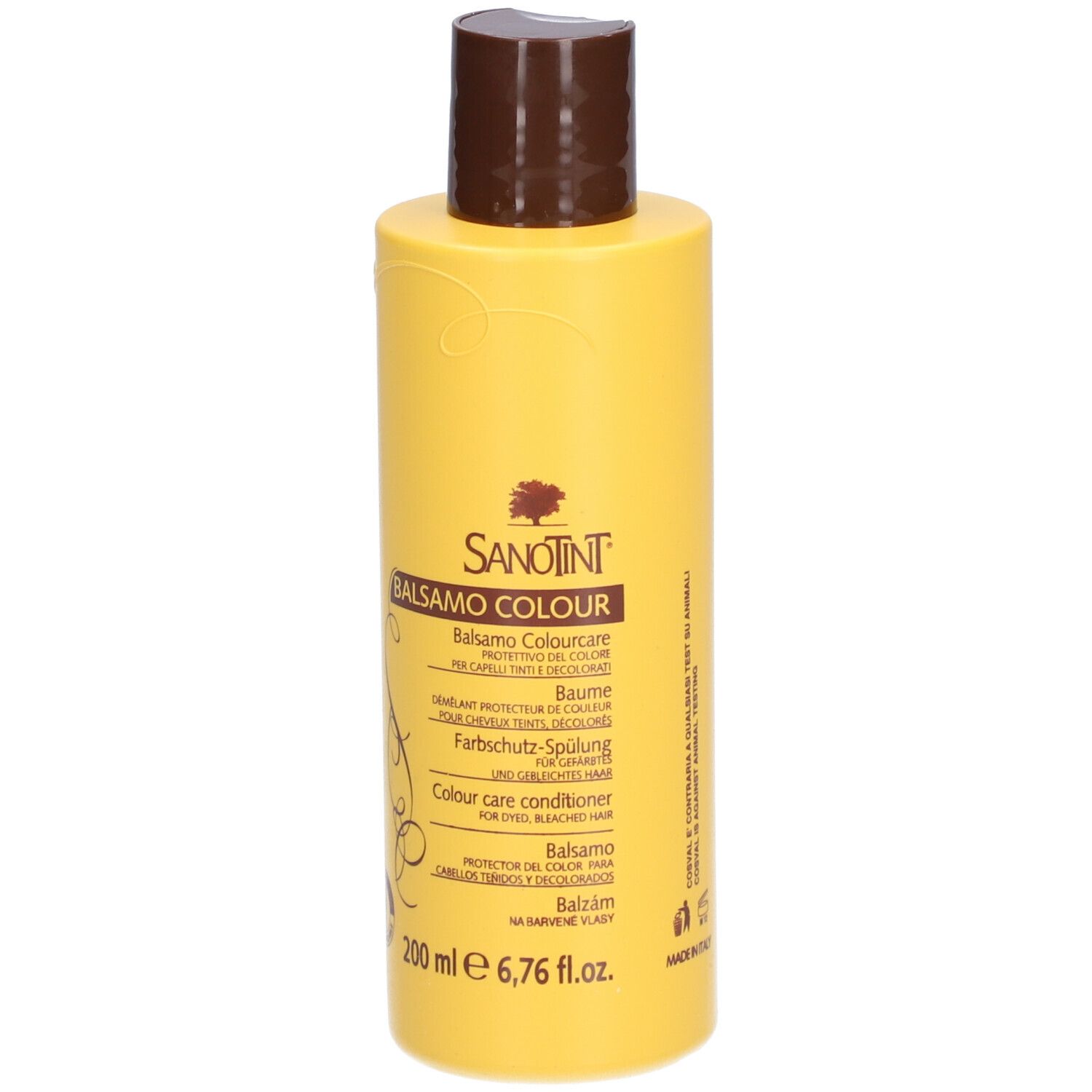 Flacon jaune, bouchon marron. Inscription: SANOTINT, Balsamo Colour, soin protecteur couleur. 200 ml.
