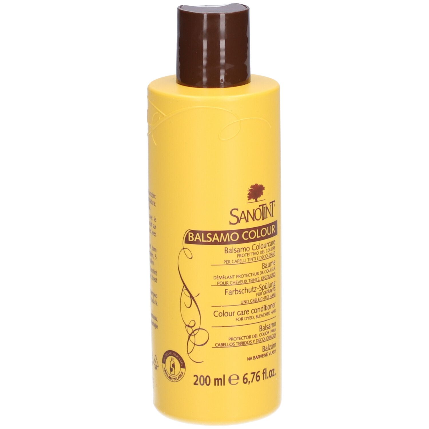 Flacon jaune, bouchon marron. Inscription: SANOTINT, Balsamo Colour, soin protecteur couleur. 200 ml.