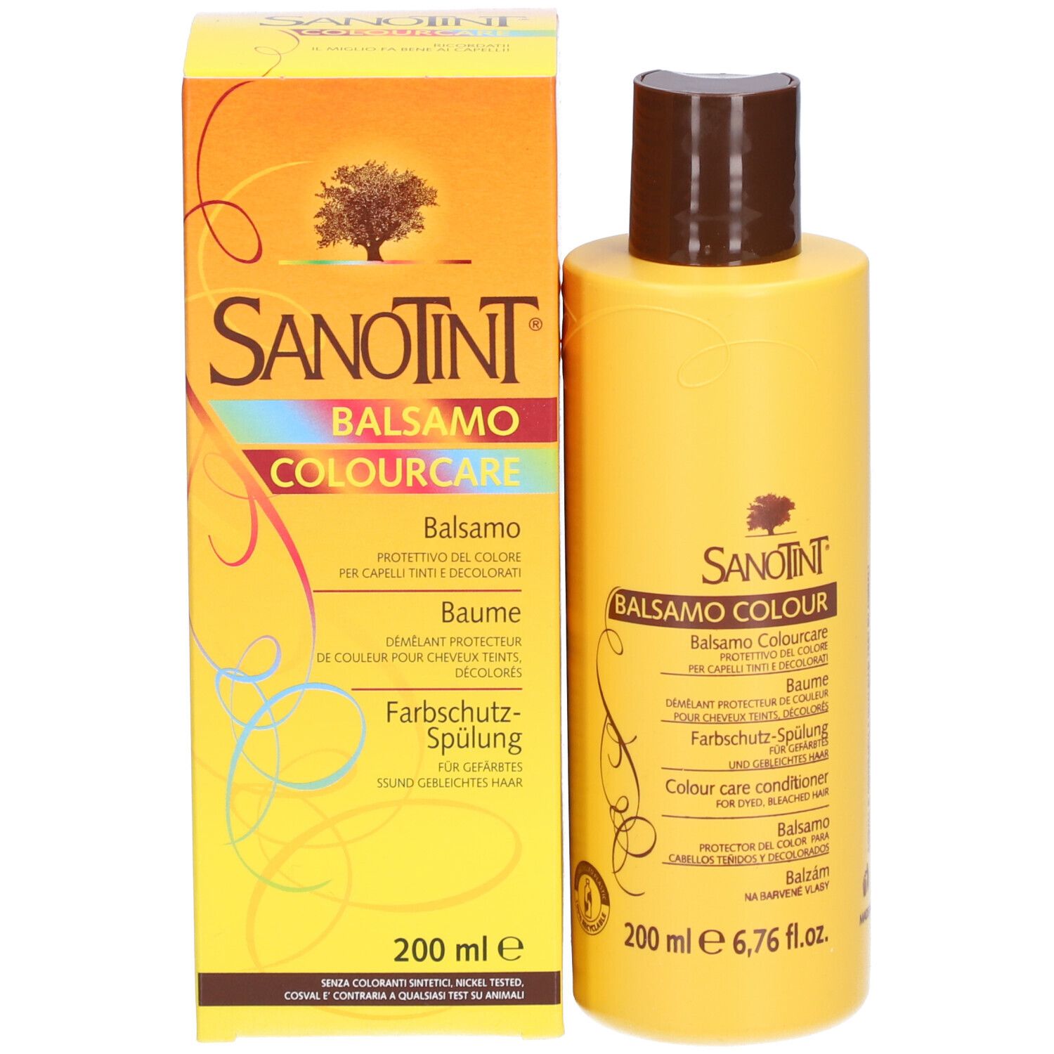 Flacon et boîte jaunes. Inscription: SANOTINT, Balsamo Colourcare, soin protecteur couleur. 200 ml.